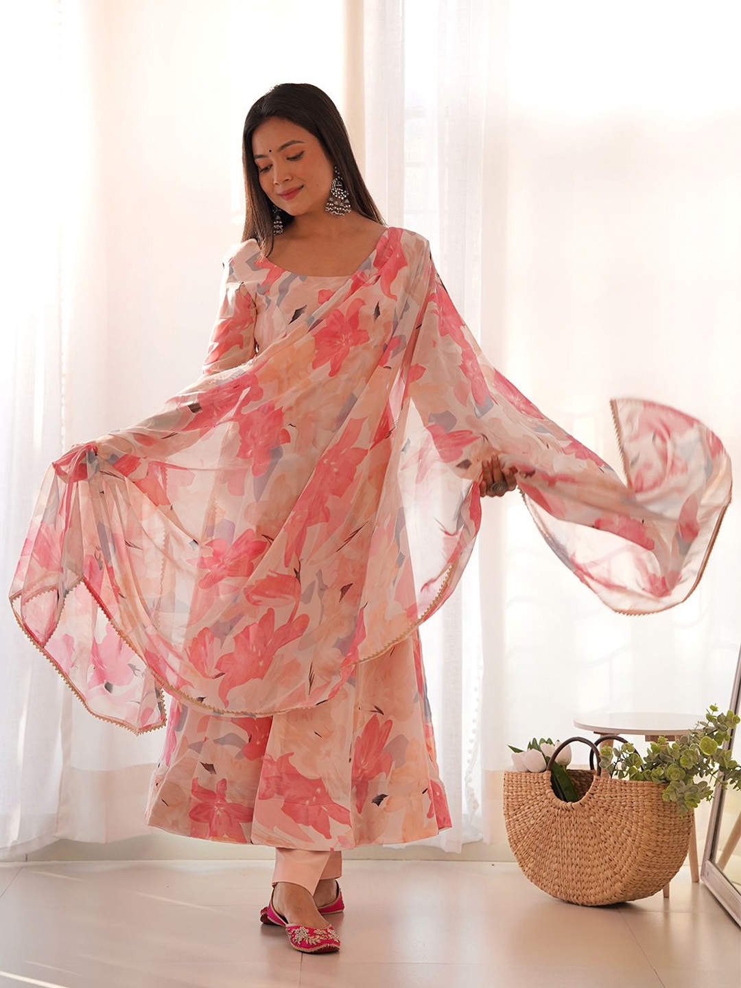 

Tanhai Floral Printed Panelled Georgette Kurta With Pyjama & Dupatta, Peach