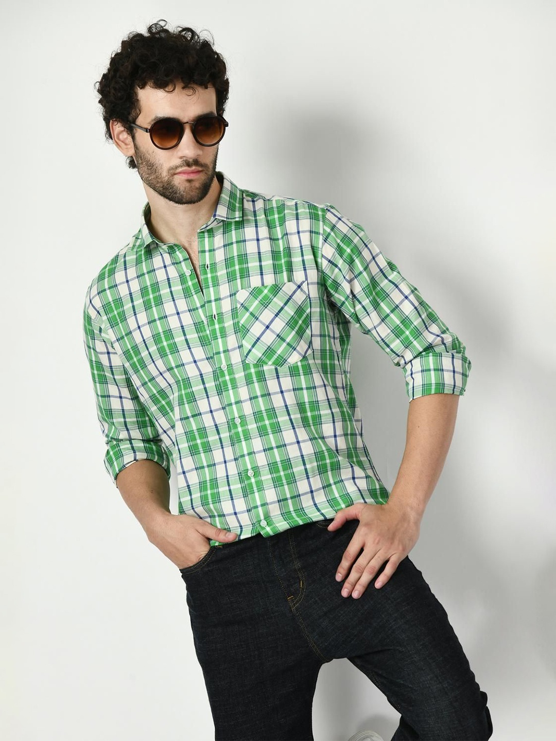 

PEBCO Men Classic Spread Collar Tartan Checked Cotton Slim Fit Casual Shirt, Green