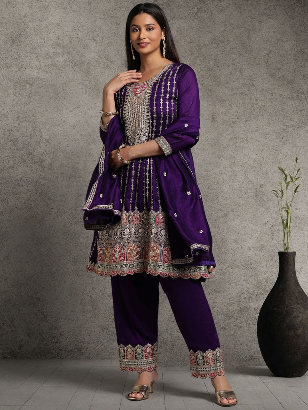 

Miss Ethnik Ethnic Motifs Embroidered Sequinned A-Line Kurta with Patiala & Dupatta, Purple