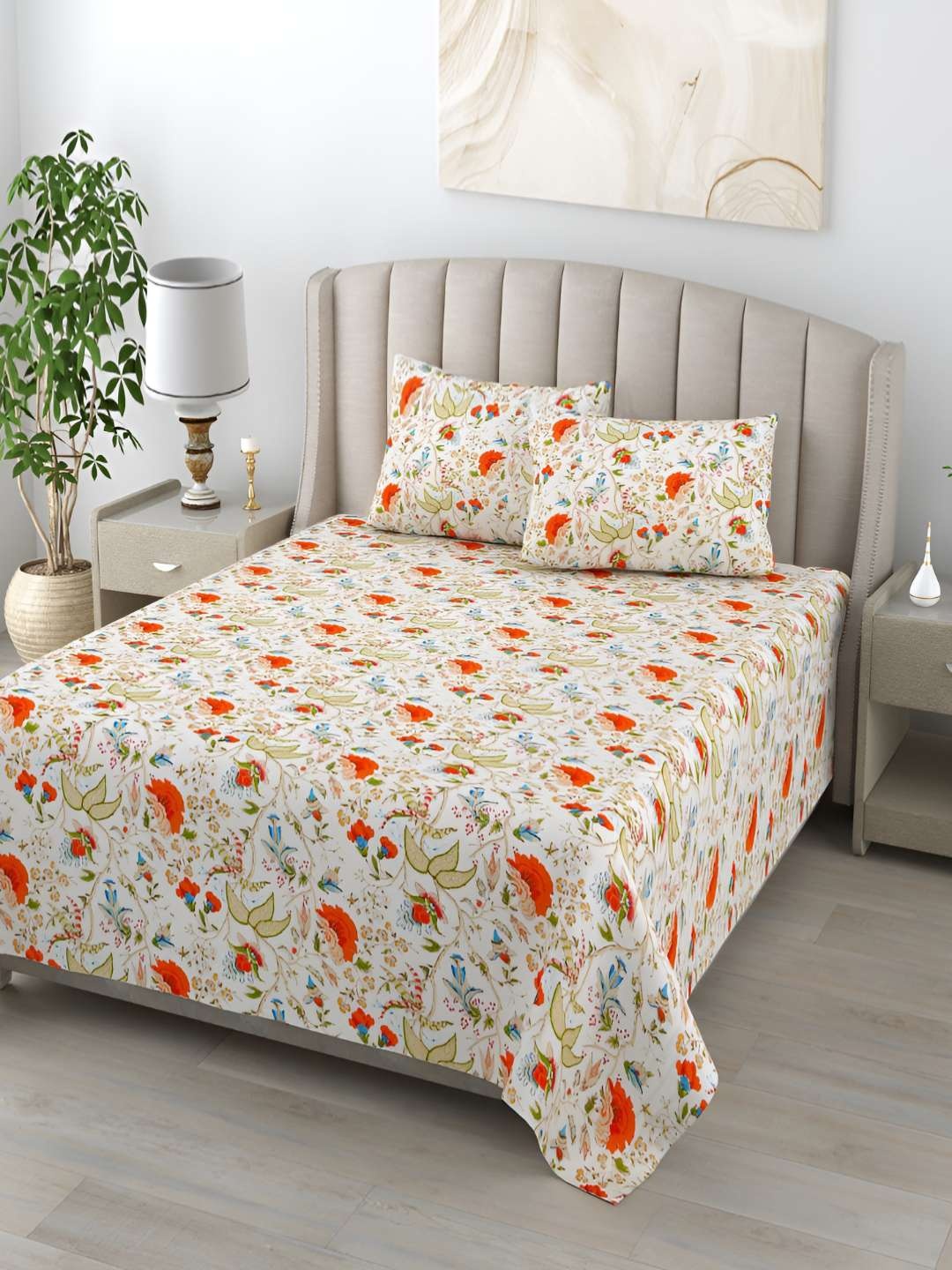 

Jinaya's Anokhi Off White Floral 210 TC Pure Cotton King Bedsheet With 2 Pillow Covers