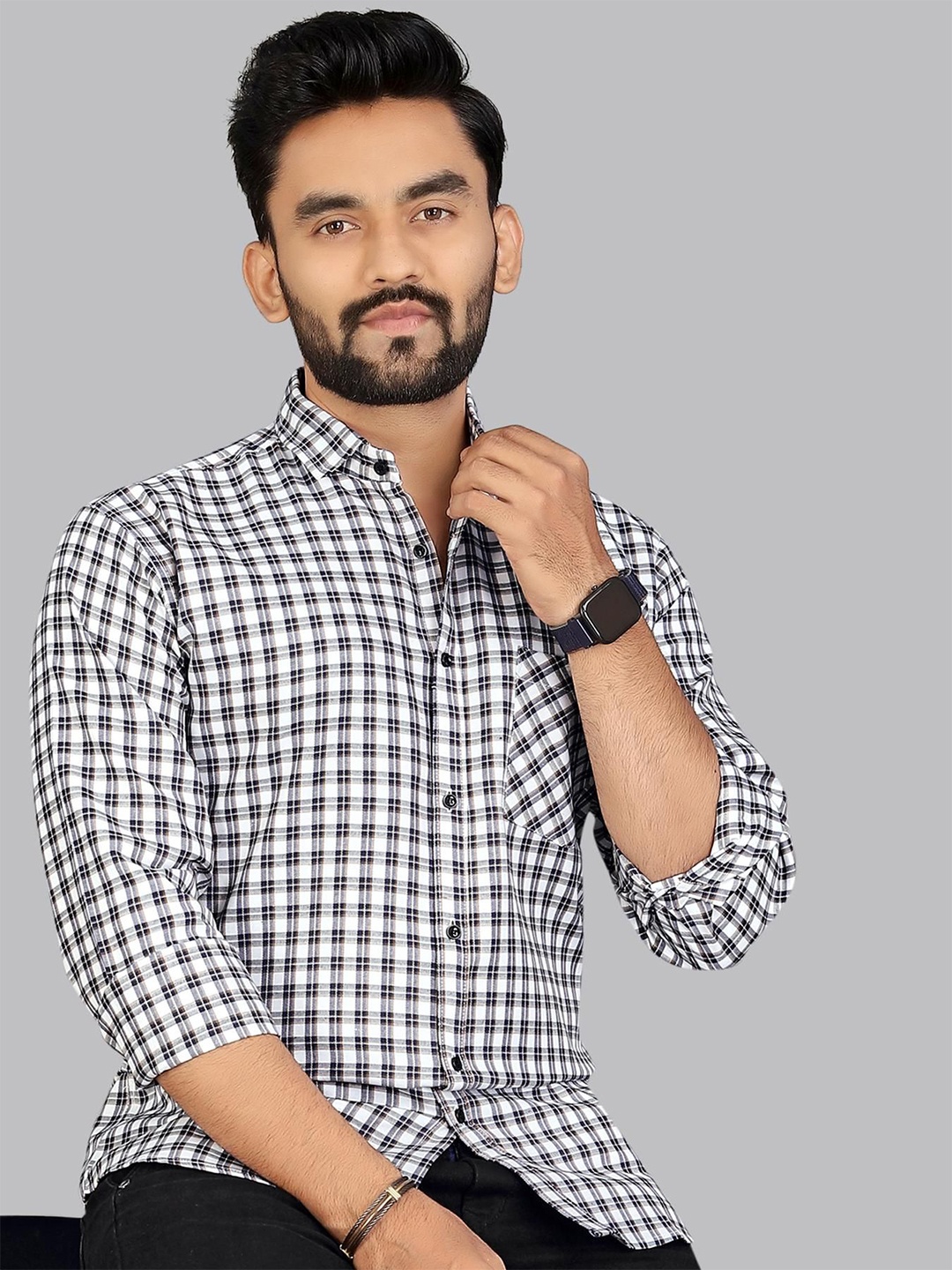 

ADWYN PETER Men Classic Spread Collar Tartan Checked Cotton Casual Shirt, White