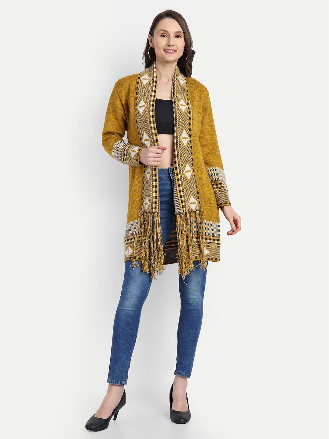 

HAUTEMODA Self Design Woollen Open Front Shrug, Yellow