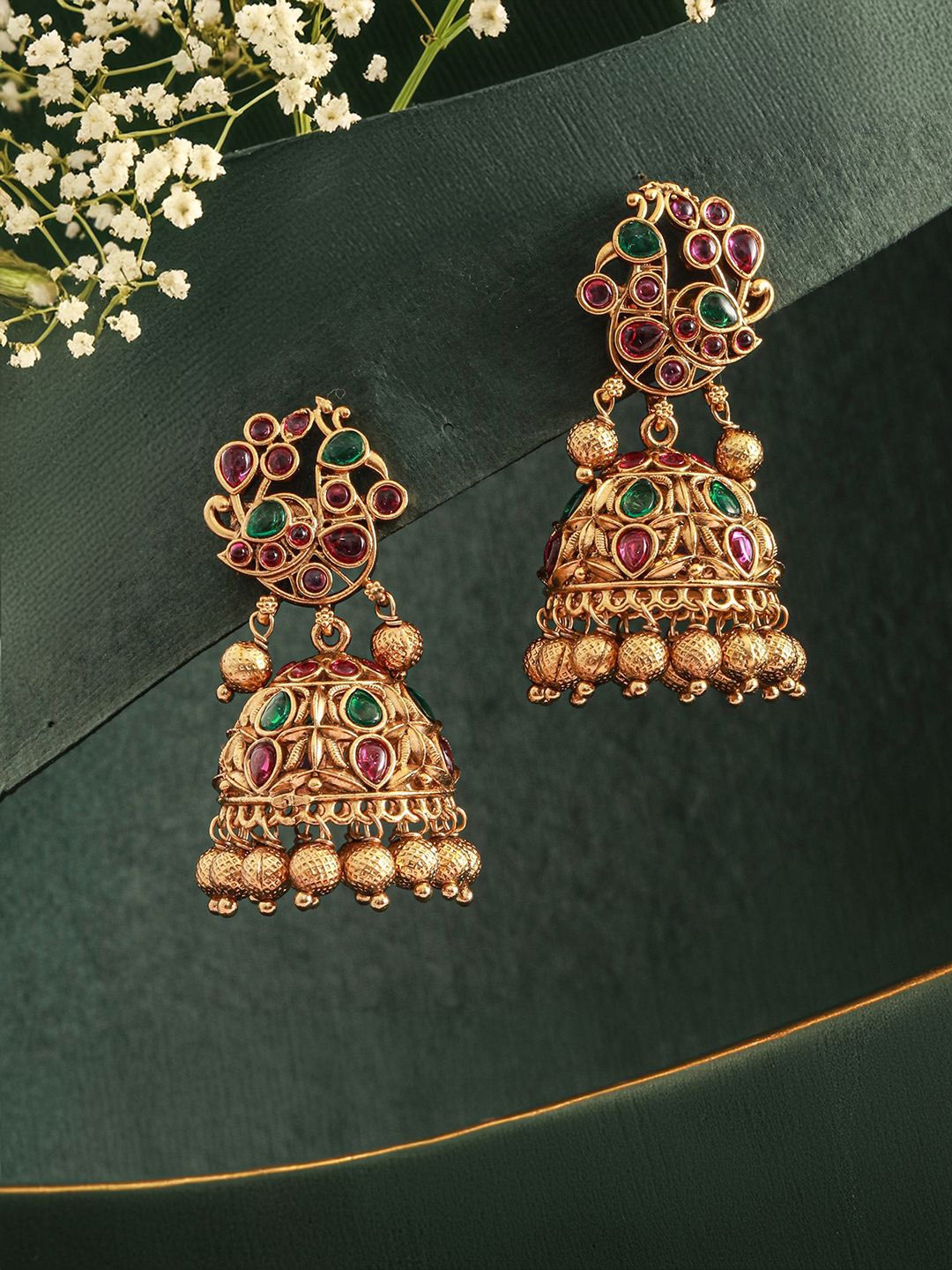 

Jazz and Sizzle Gold-Plated Peacock Shaped Jhumkas Earrings