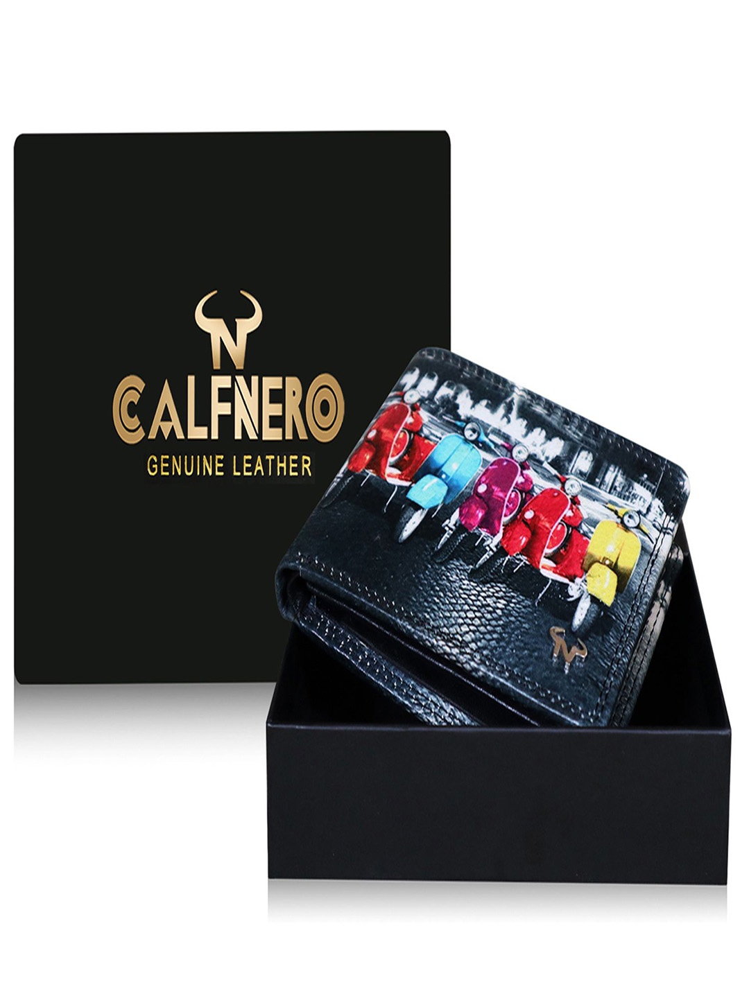 

CALFNERO Men Printed Leather Two Fold Wallet, Black