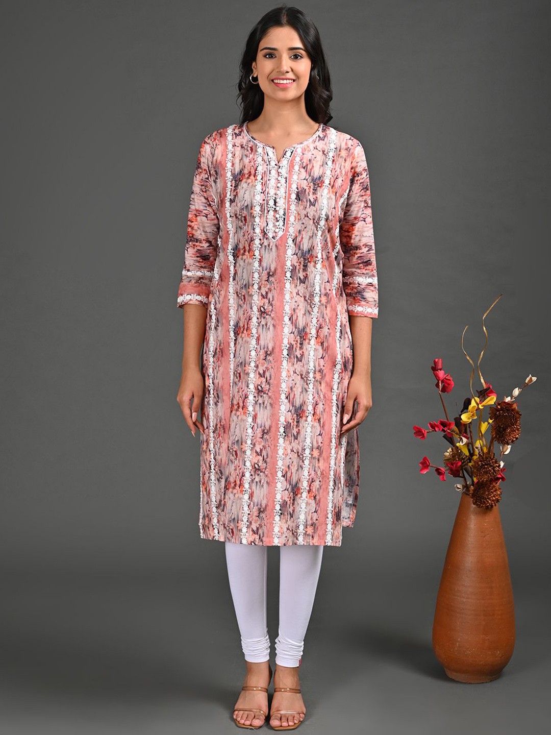 

GOLDSTROMS Ethnic Motifs Printed Thread Work Cotton Straight Kurta, Peach