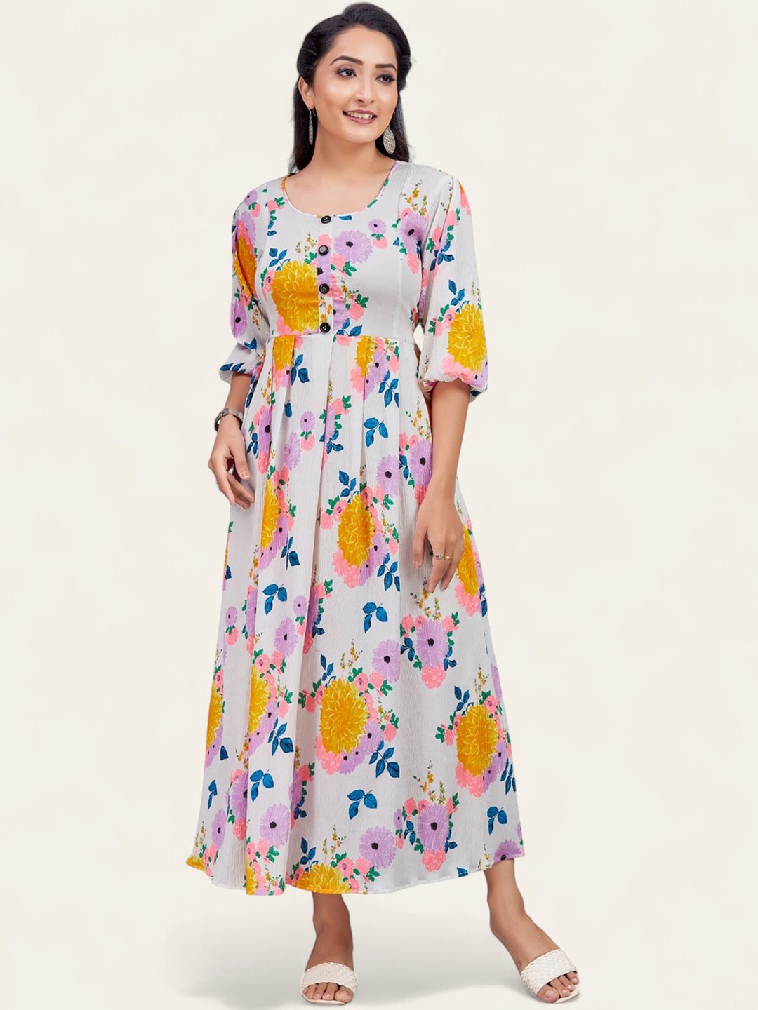 

PAMPER YOURSELF Floral Printed Fit and Flare Maxi Dress, White