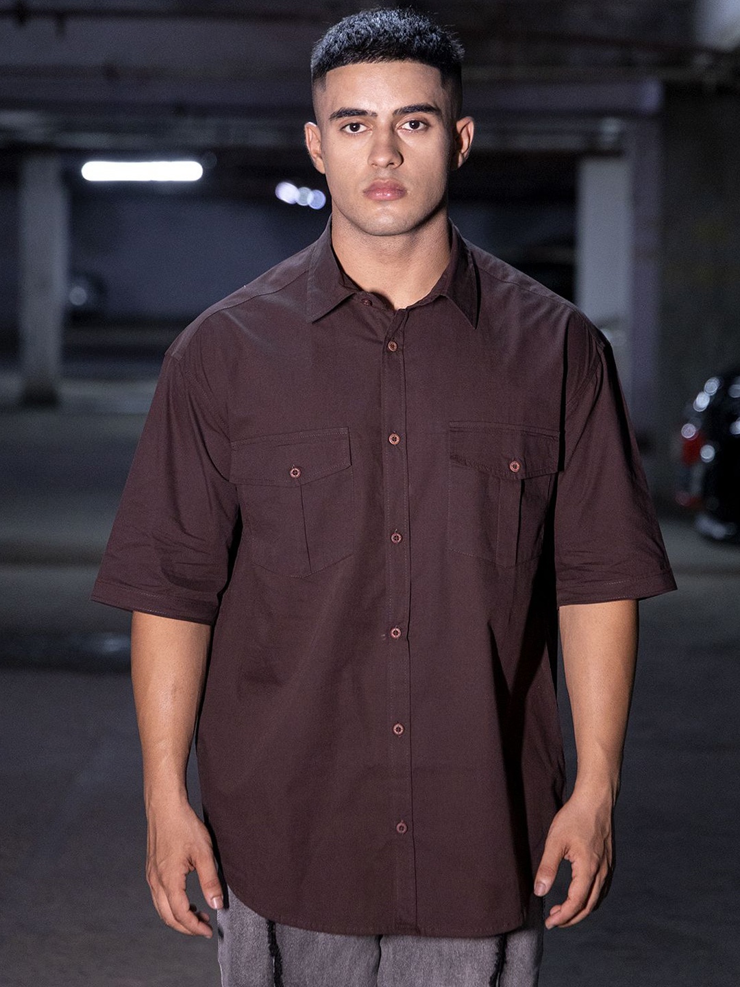 

Kranium Men Relaxed Spread Collar Solid Cotton Oversized Casual Shirt, Tan