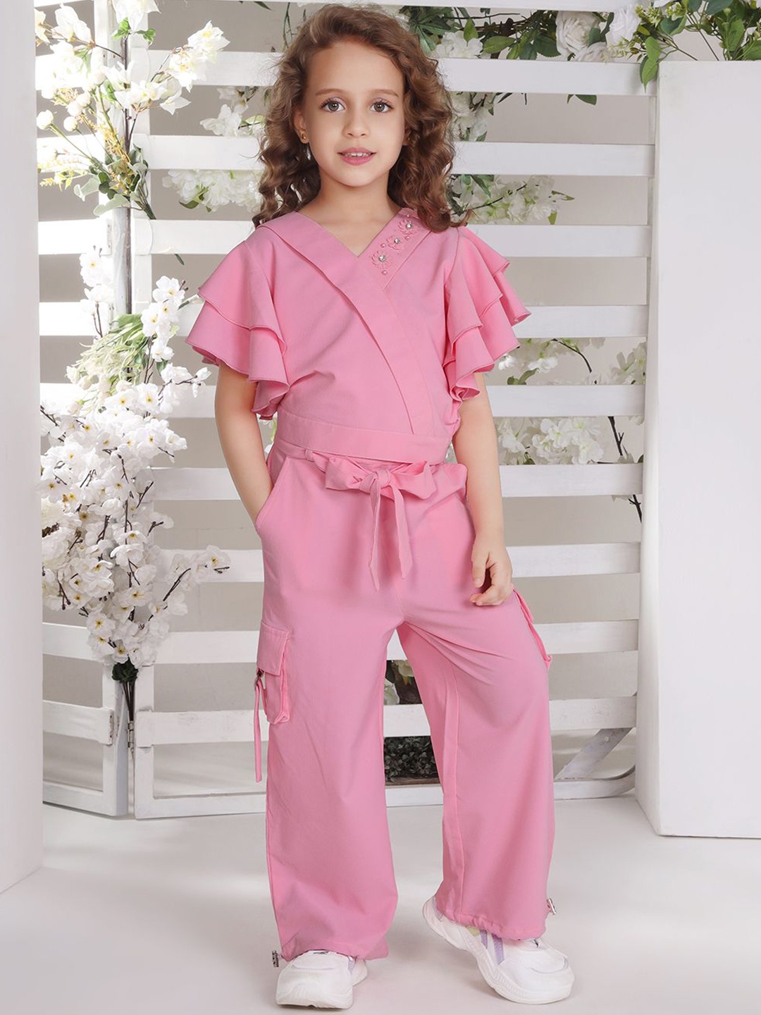 

Ministitch Girls V Neck Ruffles Sleeves Top & Trousers Set, Pink