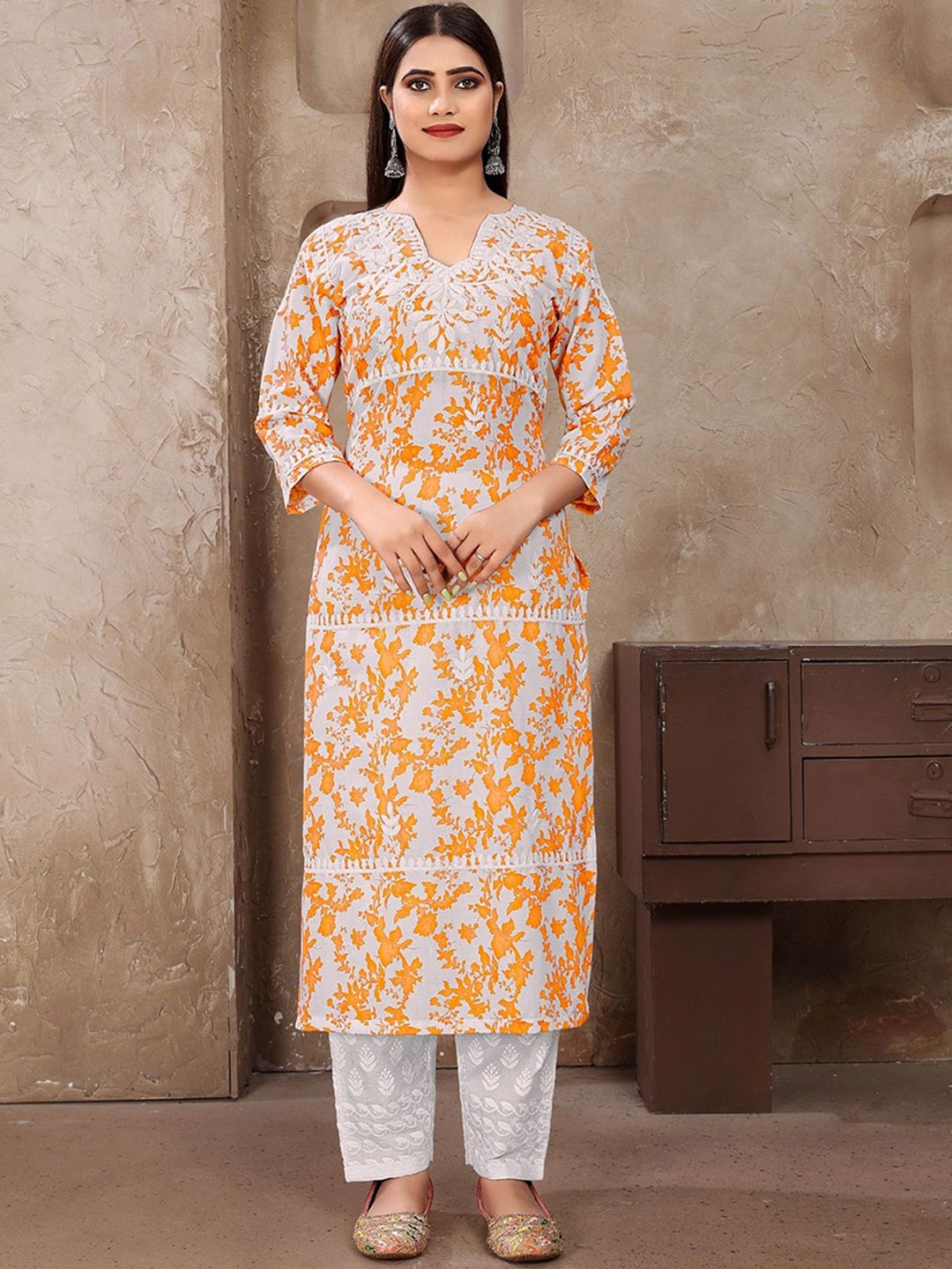 

APNISHA Ethnic Motifs Embroidered Regular Straight Kurta with Trousers, Yellow
