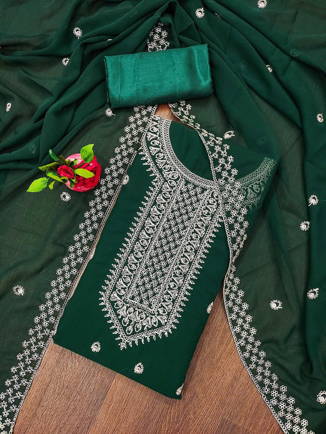 

Ishin Ethnic Motifs Embroidered Sequinned Silk Georgette Unstitched Dress Material, Green