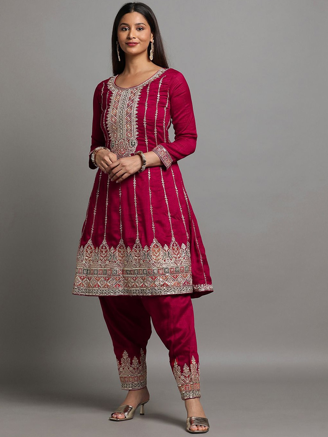 

Miss Ethnik Ethnic Motifs Embroidered Sequinned A-Line Kurta with Patiala & Dupatta, Maroon