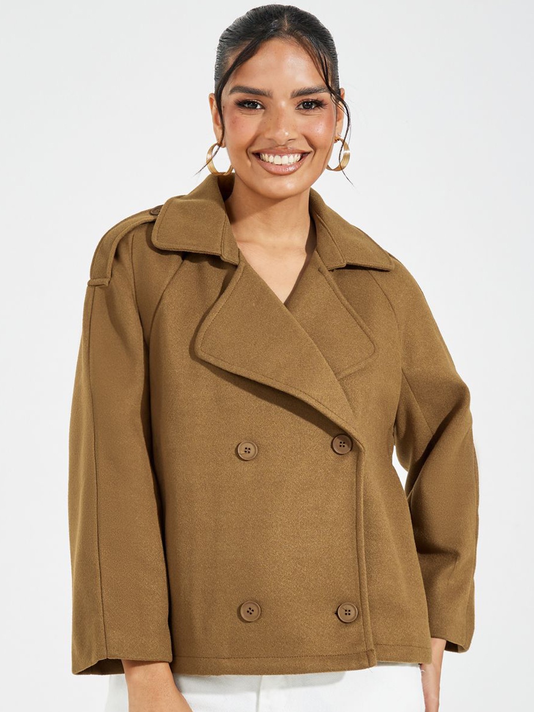 

Styli Women Oversized Lapel Collar Jacket, Brown