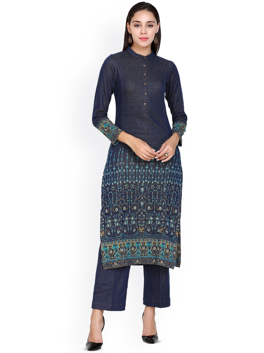 

STADO Floral Embroidered Regular Pure Wool Kurta with Trouser, Navy blue
