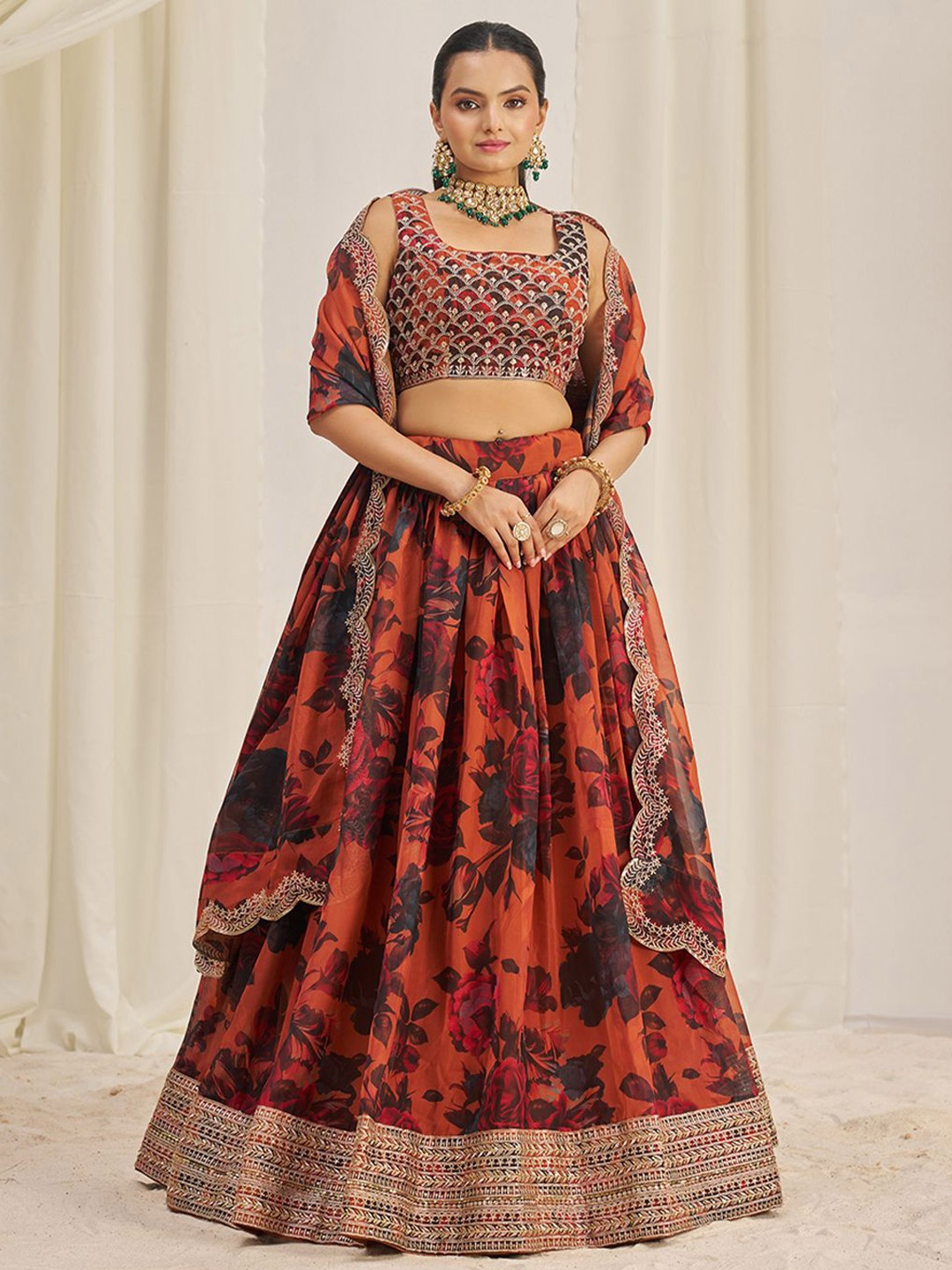 

Fusionic Embellished Sequinned Organza Semi-Stitched Lehenga & Unstitched Blouse & Dupatta, Orange