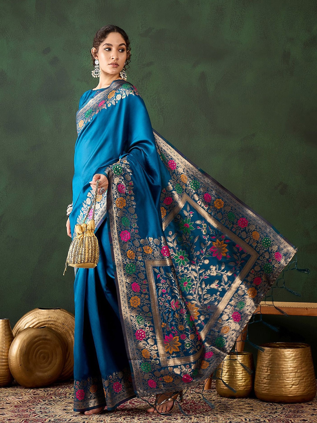 

Sangria Woven Design Banarasi Saree With Blouse Piece, Teal