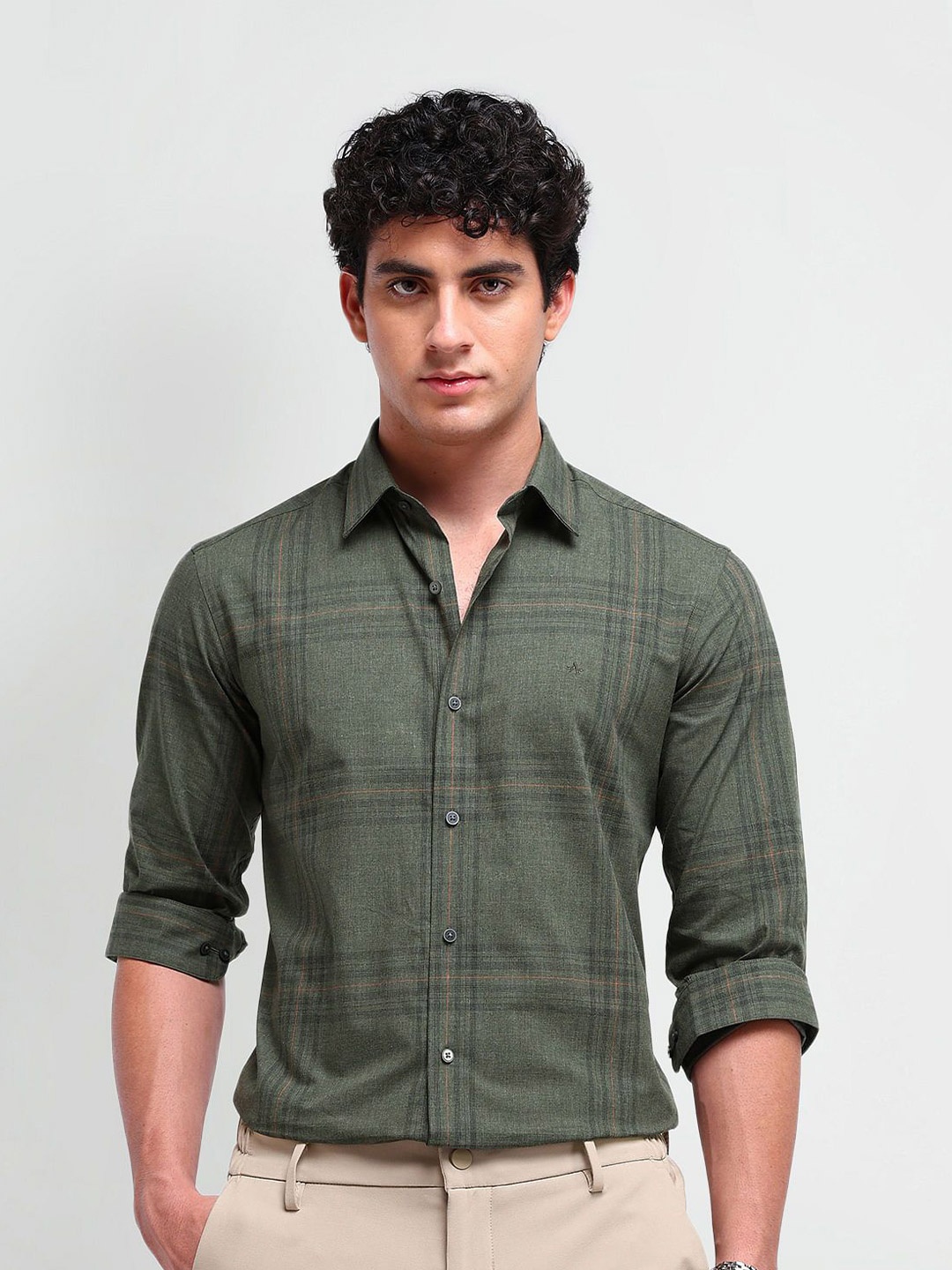 

Arrow New York Men Comfort Spread Collar Buffalo Checked Cotton Slim Fit Formal Shirt, Olive