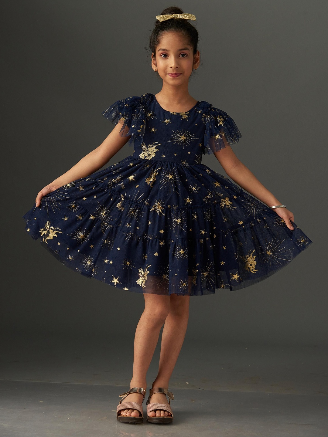 

KidsDew Girls Star Printed Flutter Sleeve Net Fit & Flare Dress, Navy blue