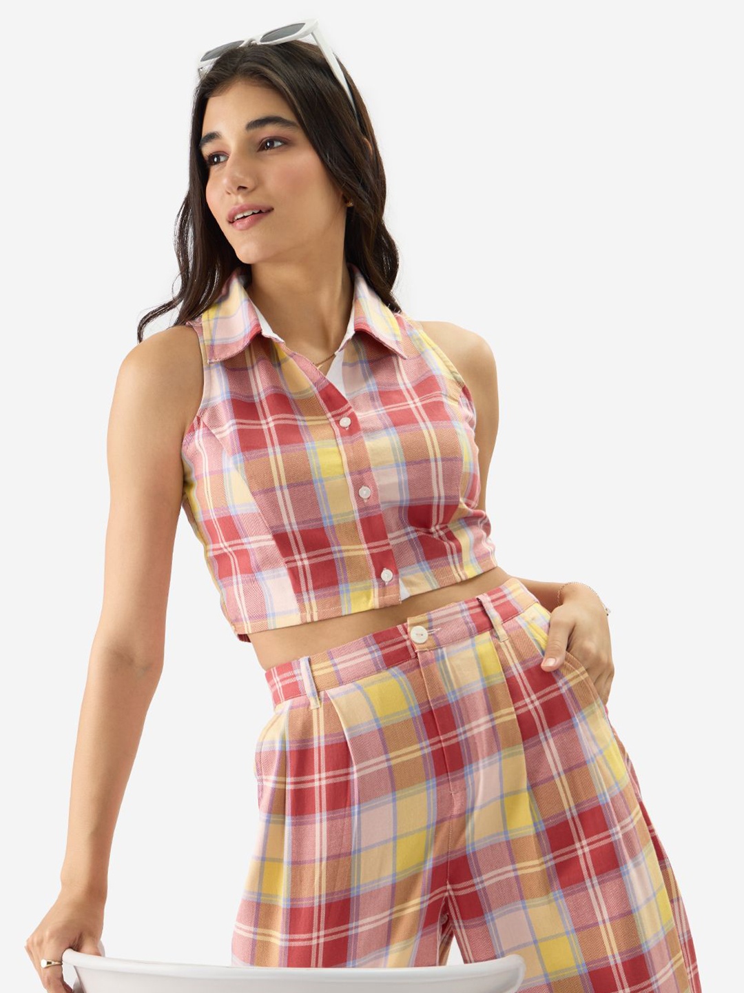 

The Souled Store Women Checked Shirt Collar Cotton Top, Maroon