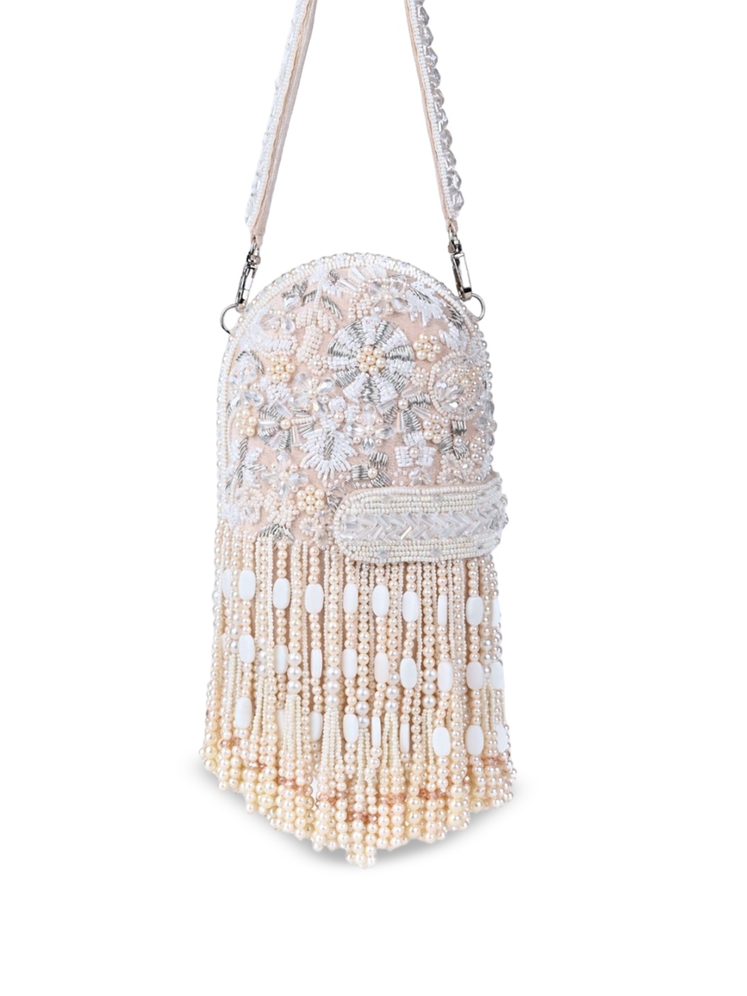 

House of Kosha Women Embellished Suede Bucket Sling Bag, Off white