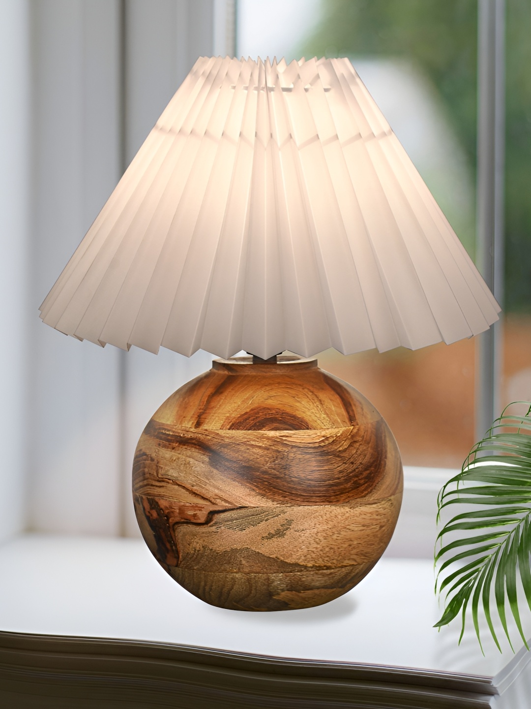 

Homesake White & Brown Textured Wooden Frusturical Shaped Table Lamp