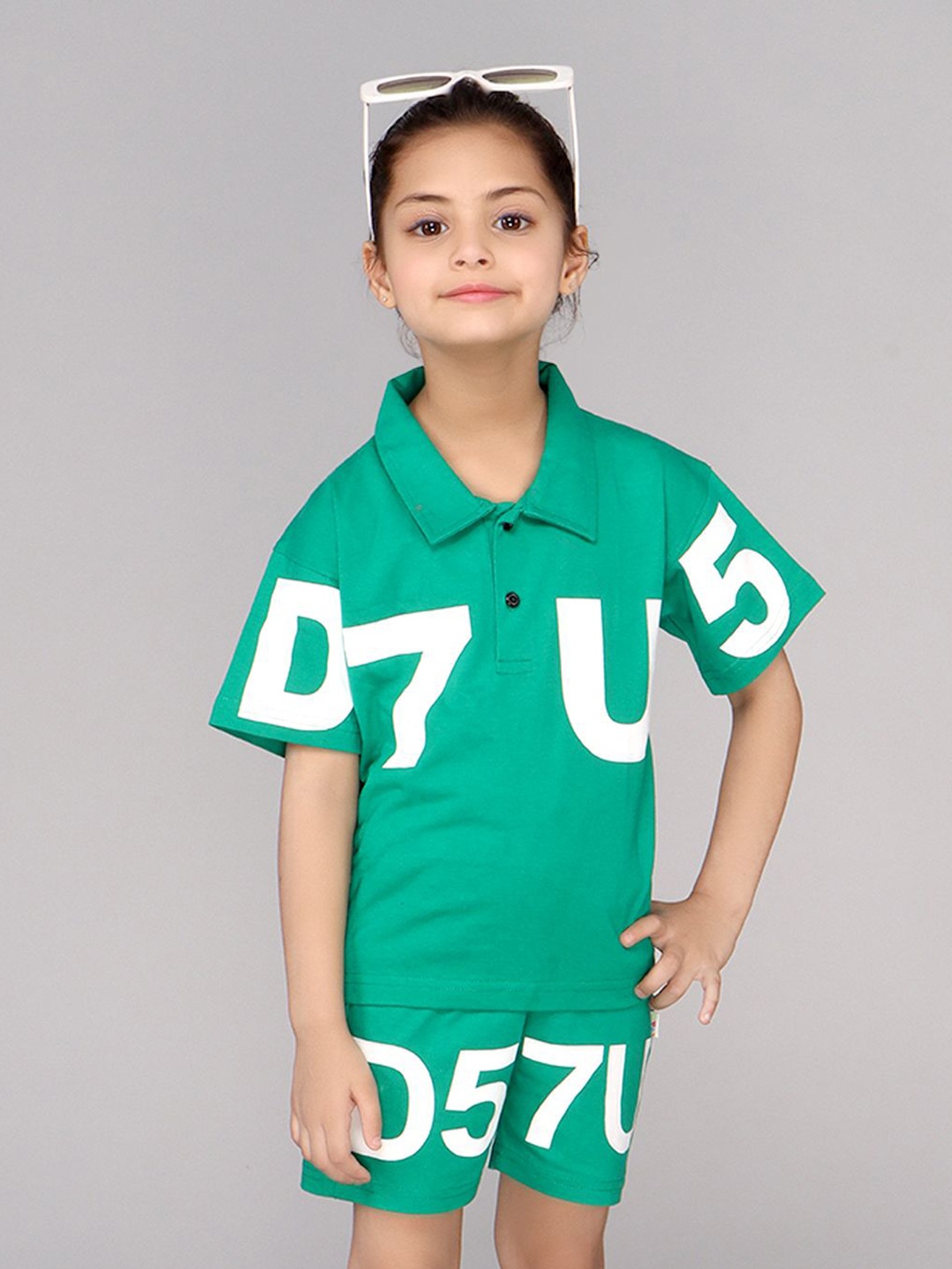 

DDOUDDOU Kids Printed Polo Collar Pure Cotton T-shirt with Shorts, Green