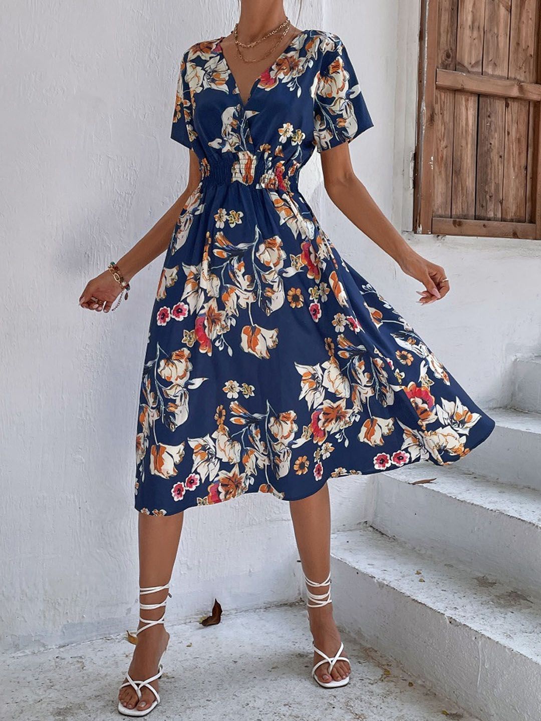 

StyleCast Women's Floral Print Fit & Flare Midi Dress, Navy blue