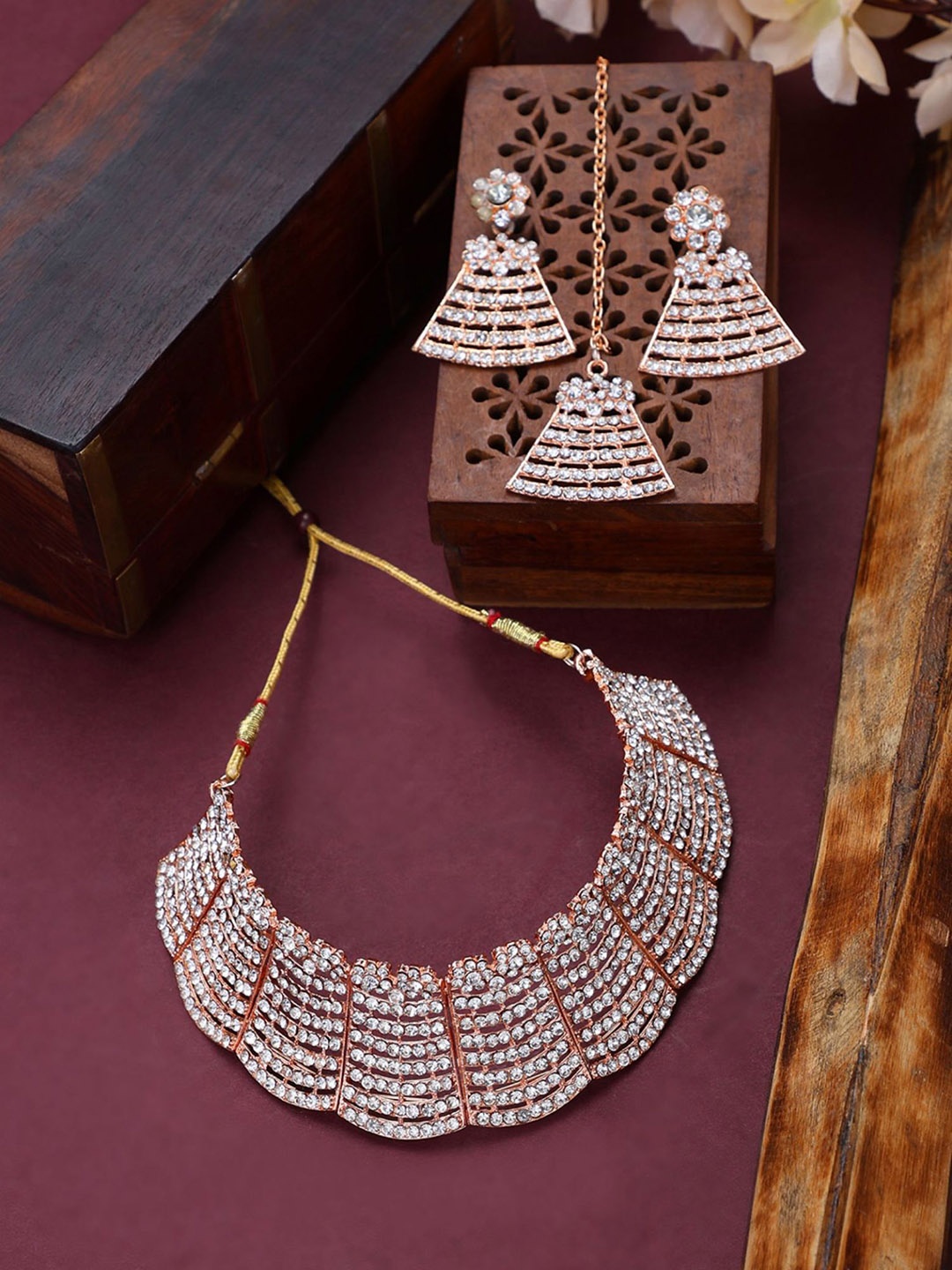 

ANIKAS CREATION Rose Gold-Plated AD Studded Necklace & Earrings With Maang Tika