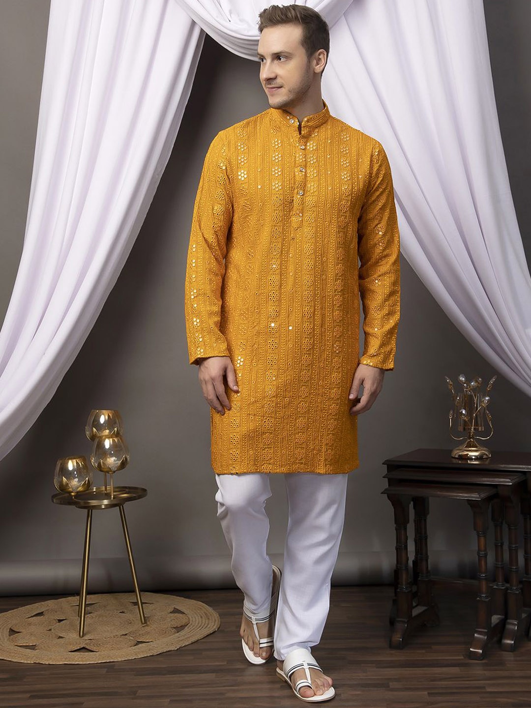 

Hangup Men Ethnic Motifs Embroidered Straight Mirror Work Kurta with Pyjamas, Mustard