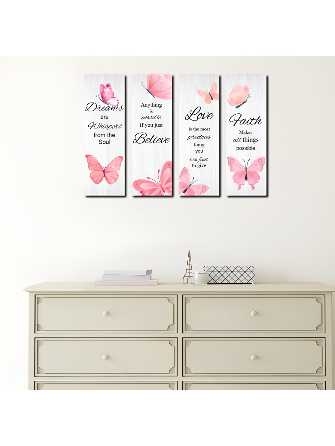 

CVANU Pink & White 4 Pieces Wooden Printed Wall Paintings