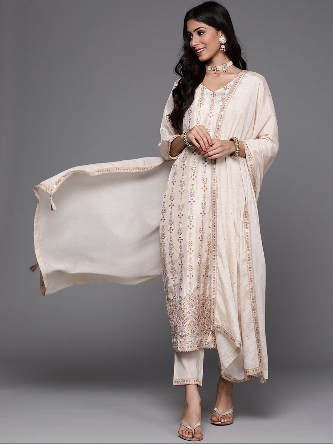 

KALINI Floral Embroidered Kurta With Trousers & Dupatta, Cream