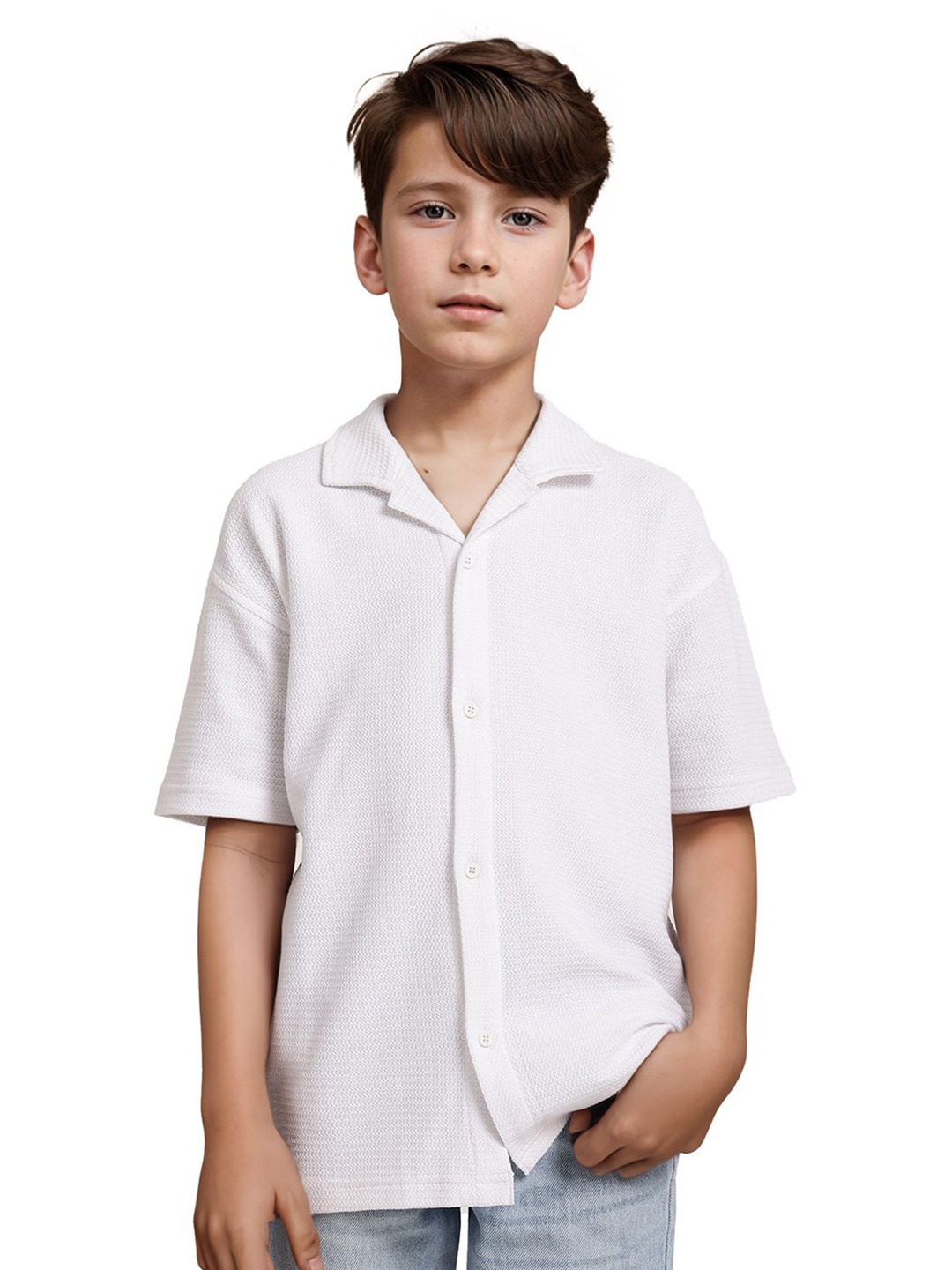 

Rare Ones Boys Cuban Collar Jacquard Shirt, White