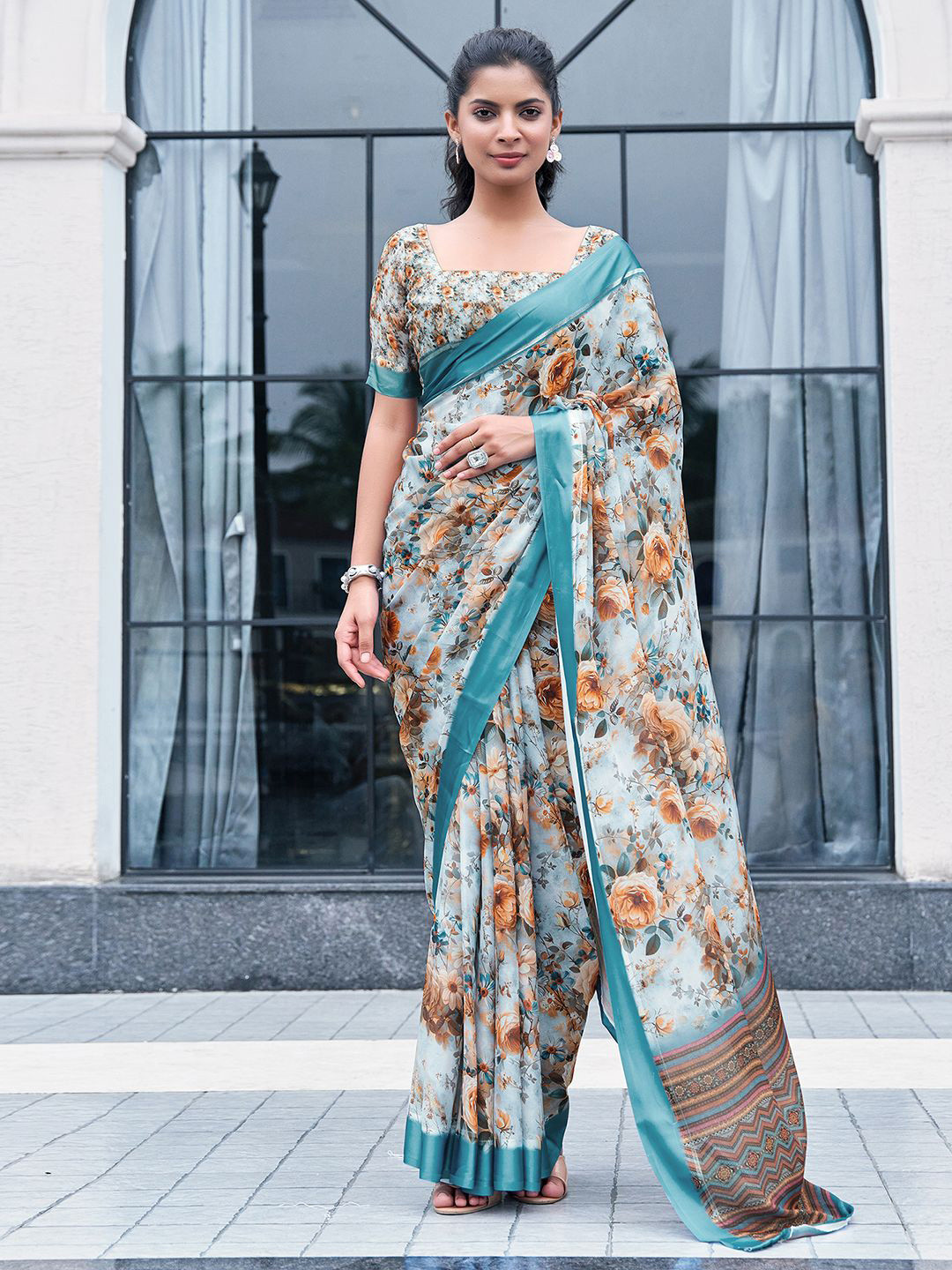 

Mitera Floral Printed Pure Georgette Muga Saree, Blue