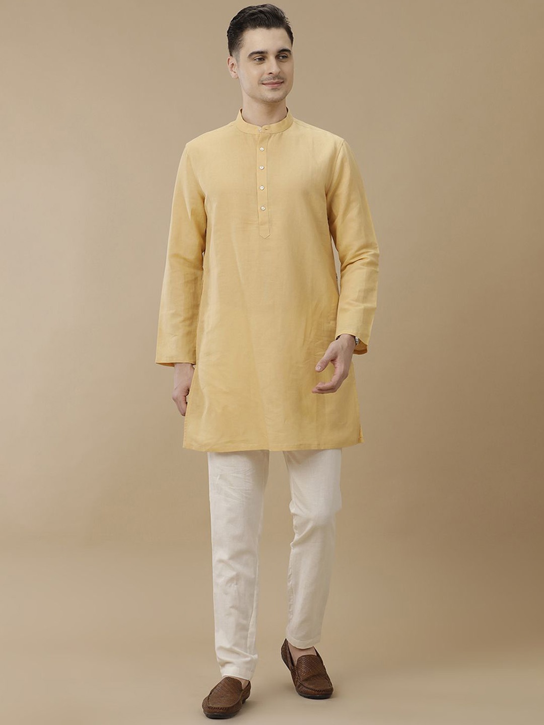 

Linen Club Mandarin Collar Linen Cotton Straight Kurta, Yellow