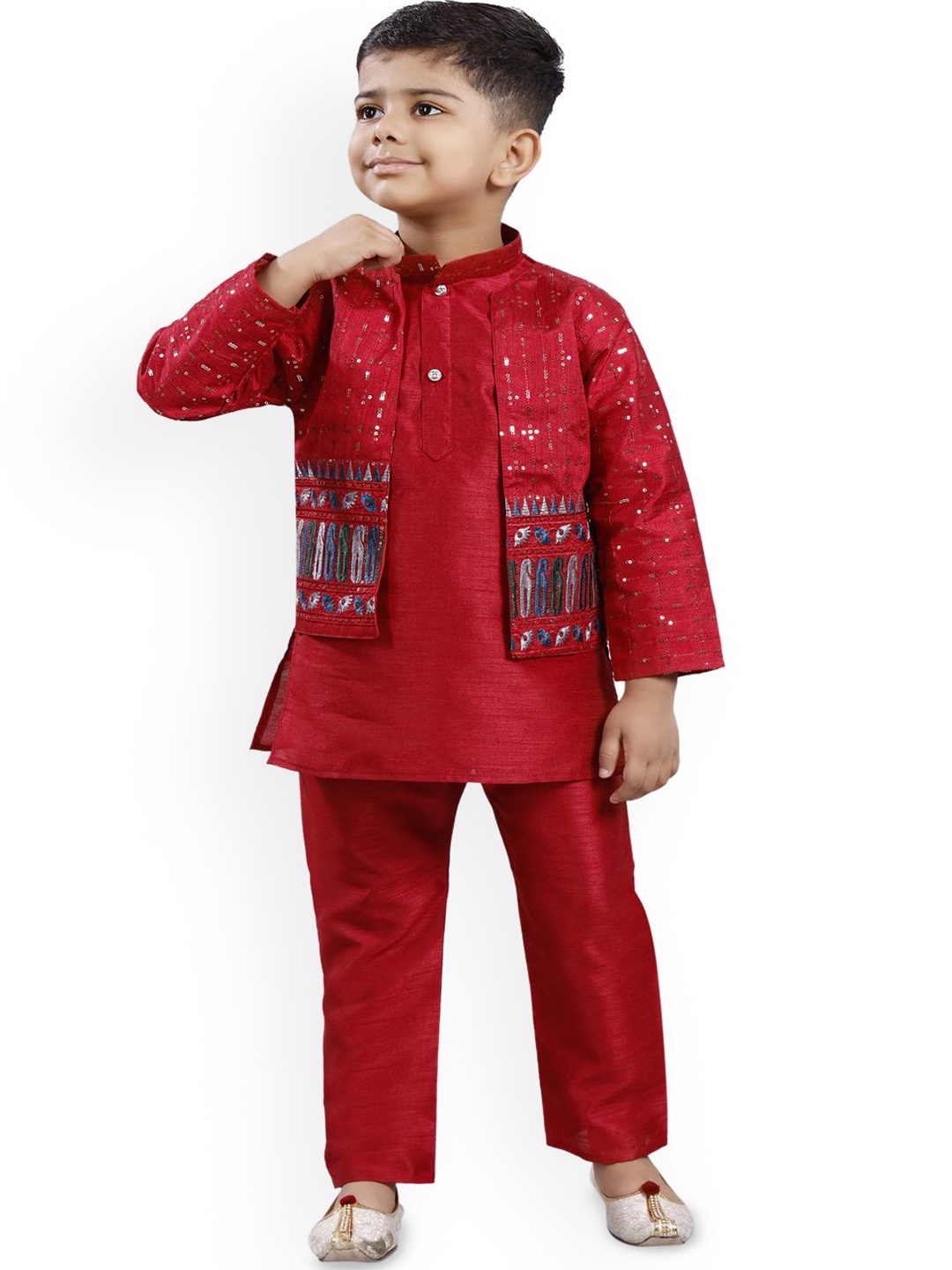

BAESD Boys Mandarin Collar Straight Kurta with Salwar & Waistcoat, Red