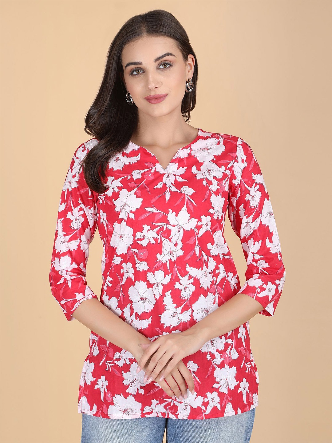 

PIDAVLIYA'S Women Floral Printed V-Neck Pure Cotton Kurti, Red