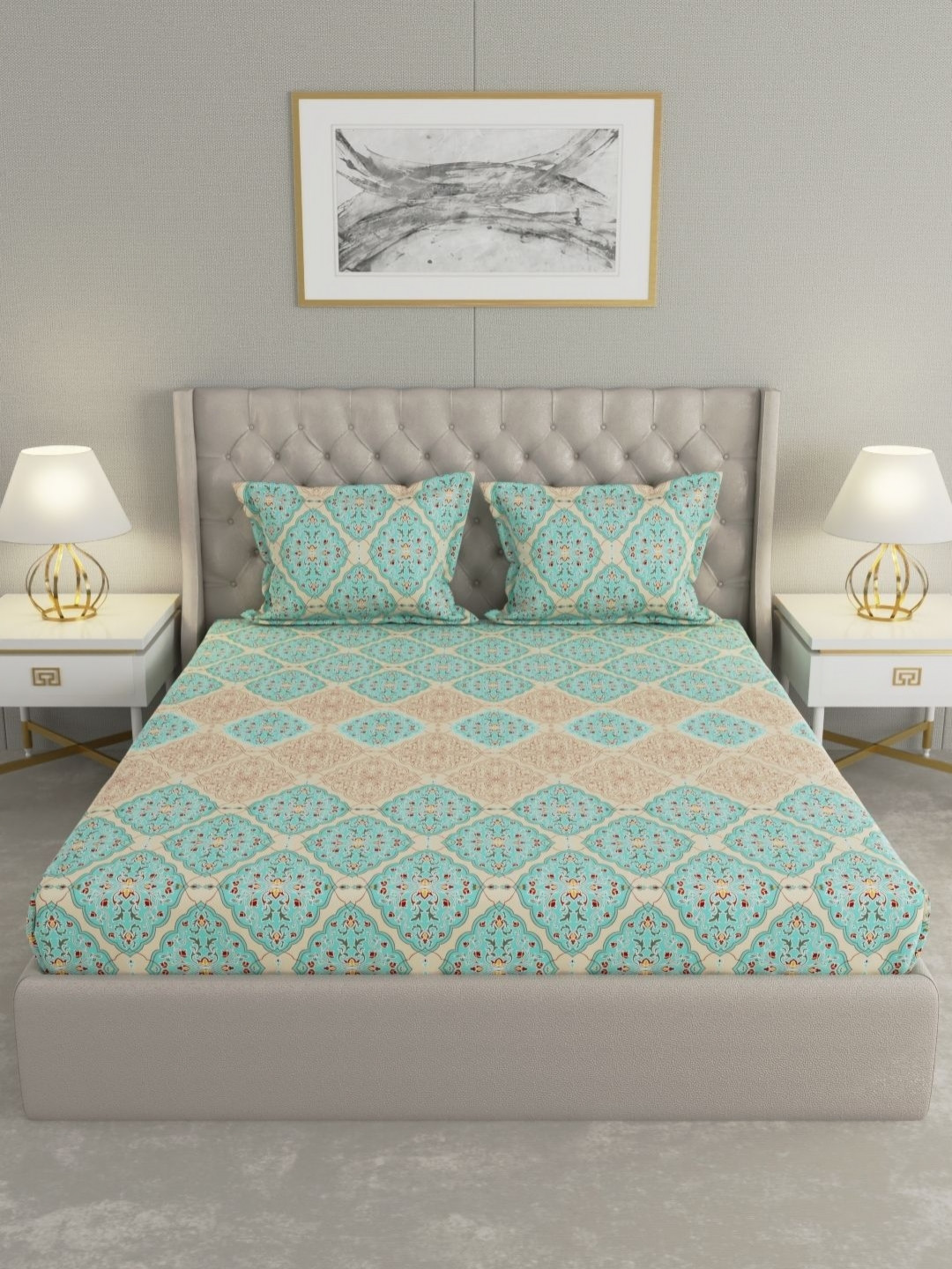 

Raymond Home Shubham Turquoise Blue Printed 120 TC Cotton King Bedsheet & 2 Pillow Covers