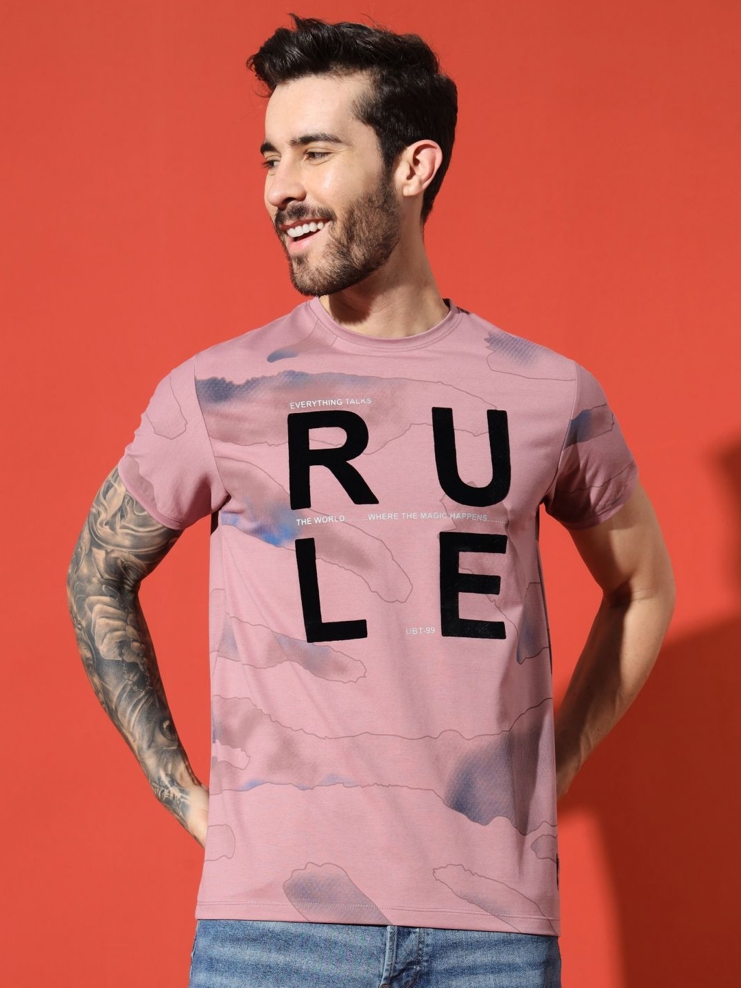 

URBAN TRAIL Men Typography Printed Round Neck Cotton T-shirt, Pink