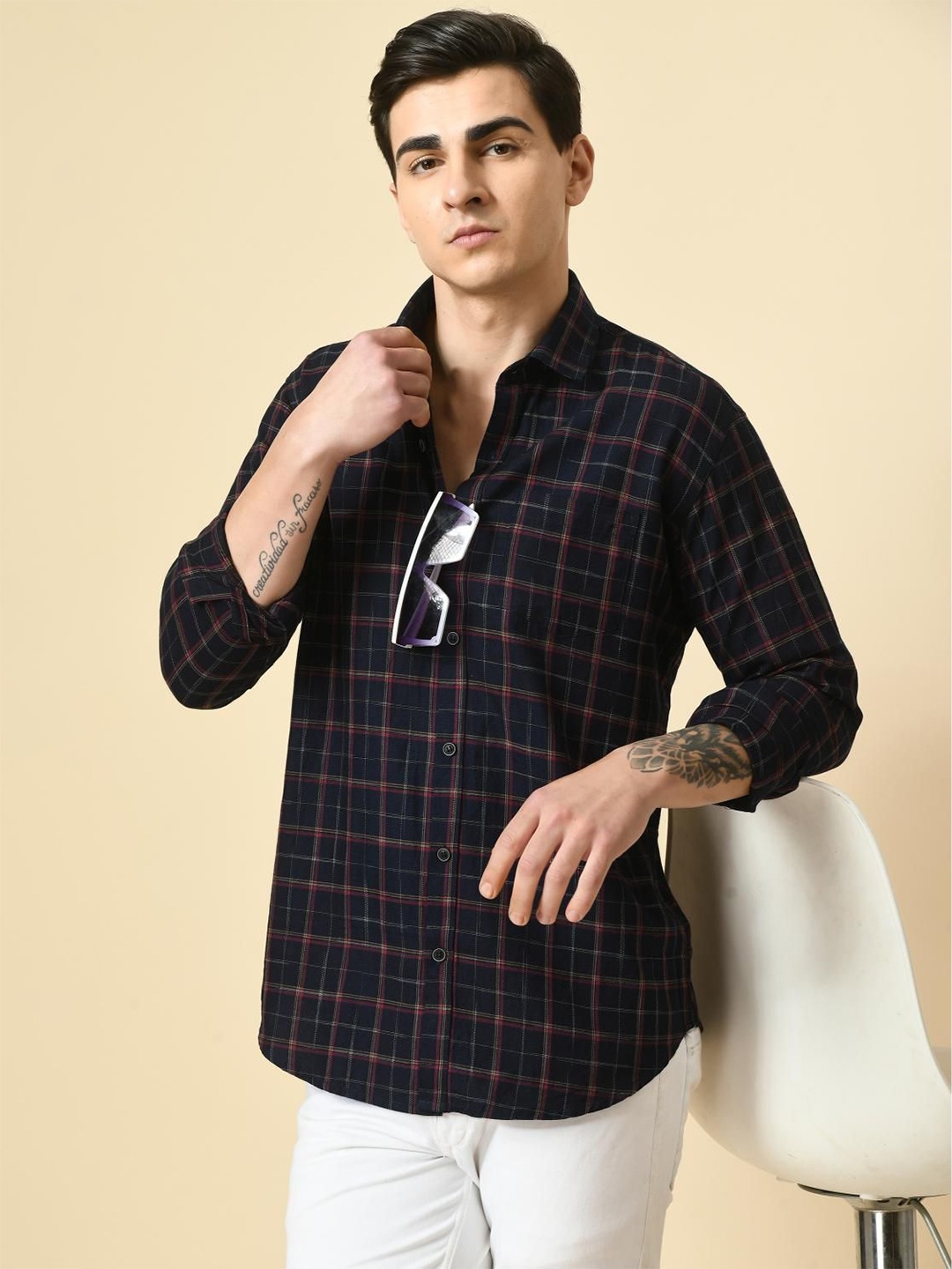 

PEBCO Men Classic Spread Collar Tartan Checked Cotton Slim Fit Casual Shirt, Black