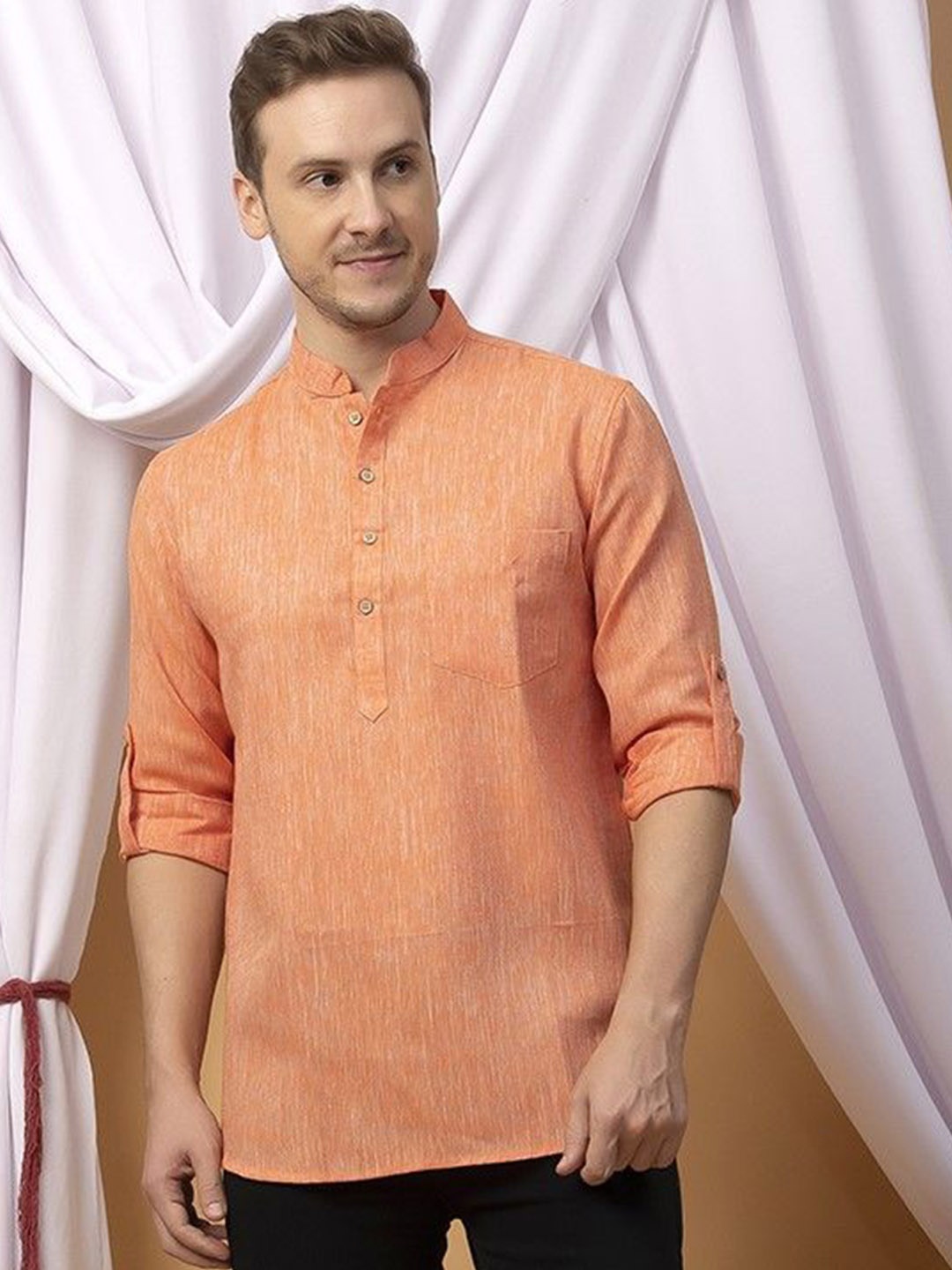 

Hangup Mandarin Collar Linen Straight Kurta, Orange