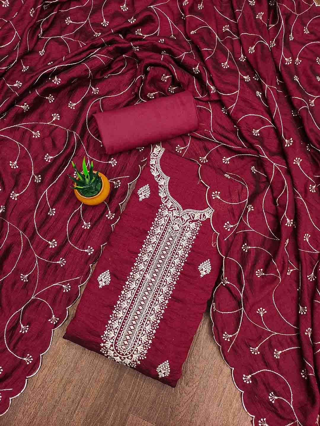 

Ishin Floral Embroidered Unstitched Dress Material, Red