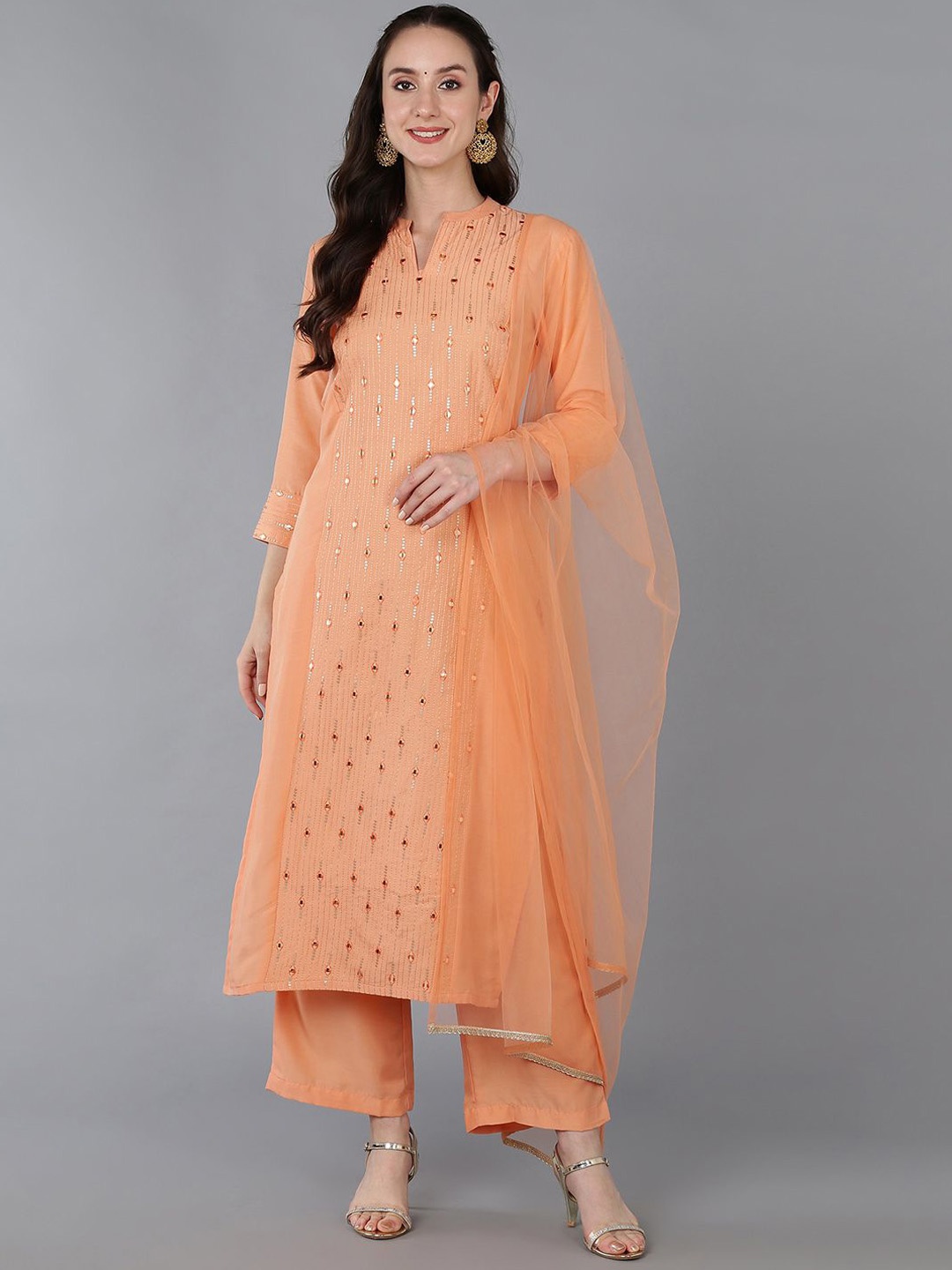 

KALINI Ethnic Motifs Embroidered Mirror Work Straight Kurta With Trousers & Dupatta, Peach