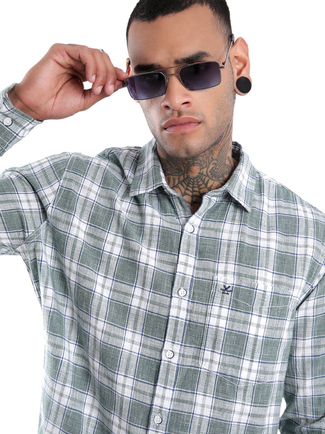 

WROGN Men Spread Collar Tartan Checked Cotton Slim Fit Casual Shirt, Green
