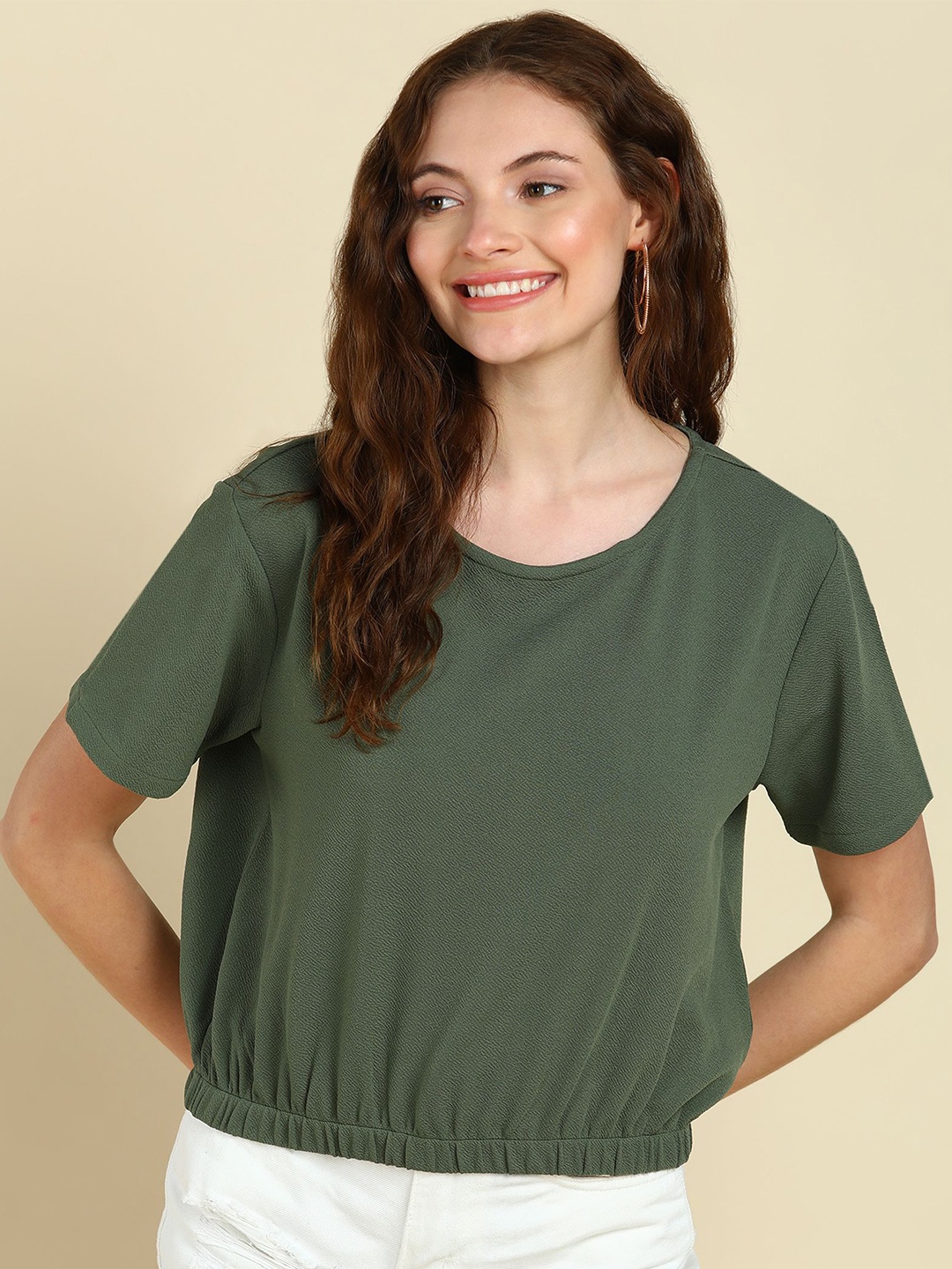 

SAFFE Women Solid Round Neck Top, Olive