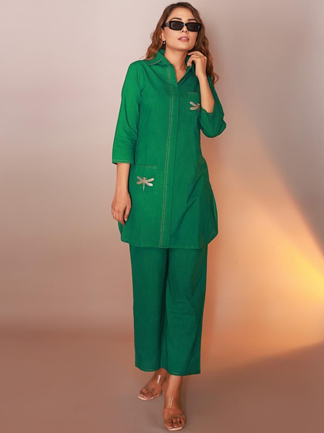 

Coordnord Shirt Collar Pure Cotton Top with Trouser, Green