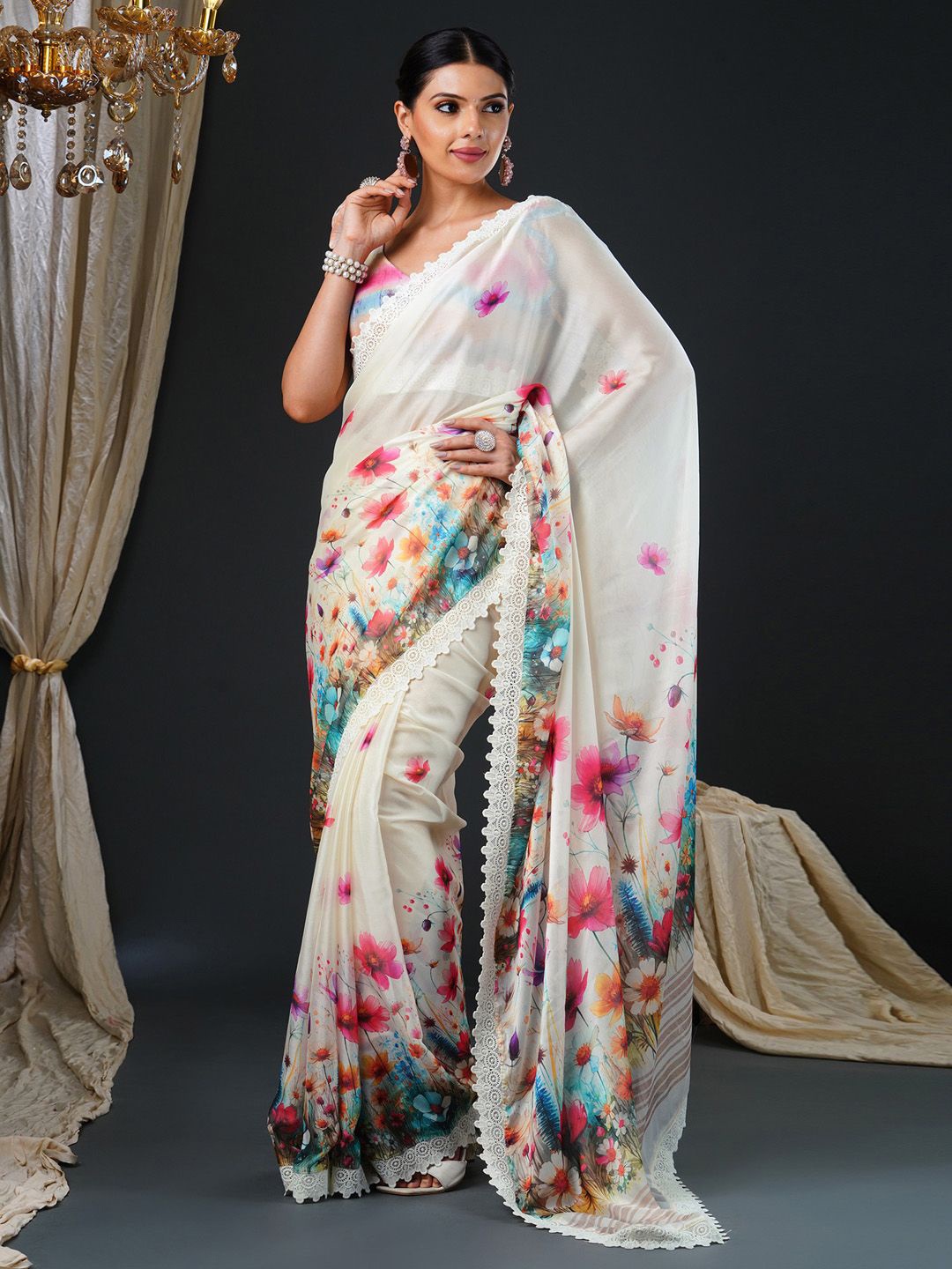 

Anouk Floral Printed Embroidered Saree, Off white