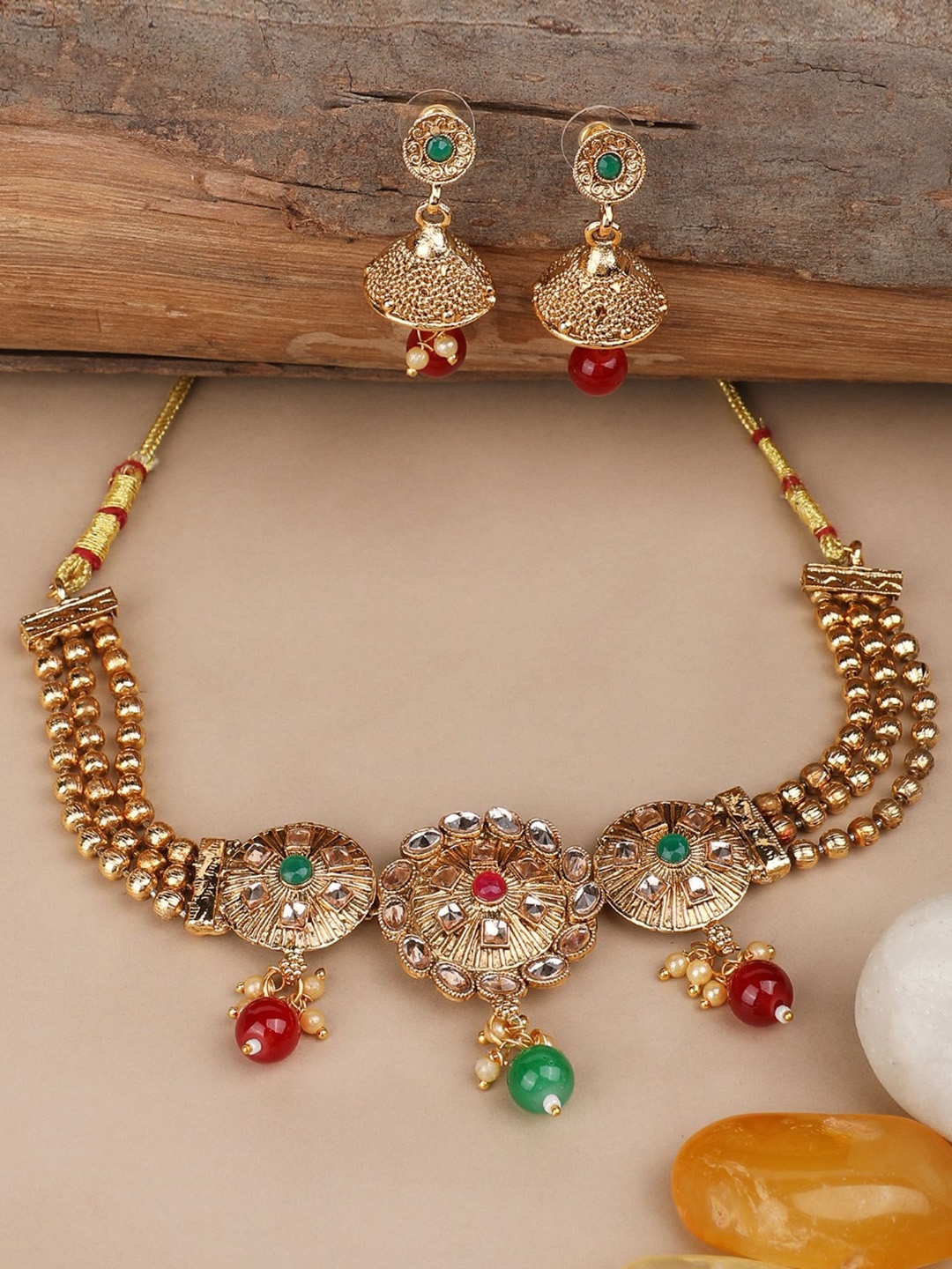 

ANIKAS CREATION Gold-Plated Kundan Stone-Studded & Beaded Necklace & Earrings
