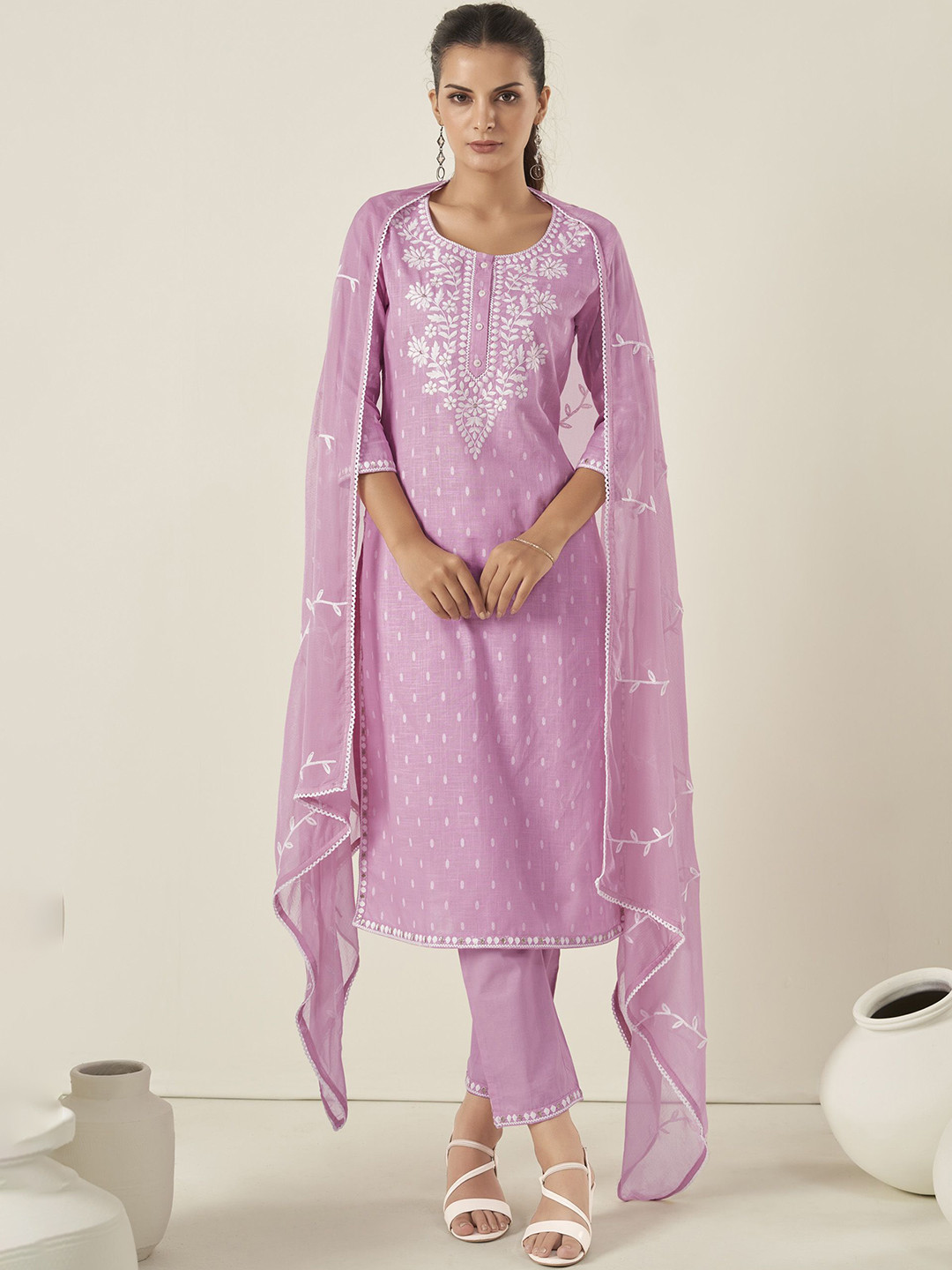 

Anouk Pink Floral Embroidered Thread Work Pure Cotton Kurta with Trouser & Dupatta