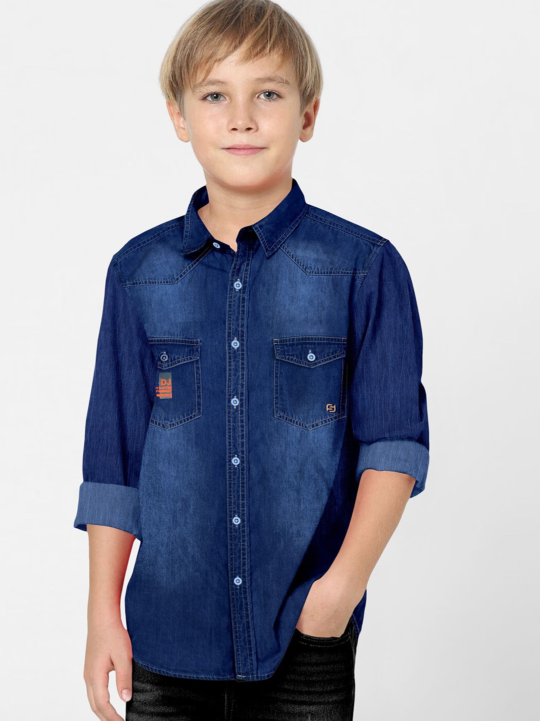 

FABFARM Boys Standard Spread Collar Solid Denim Casual Shirt, Navy blue