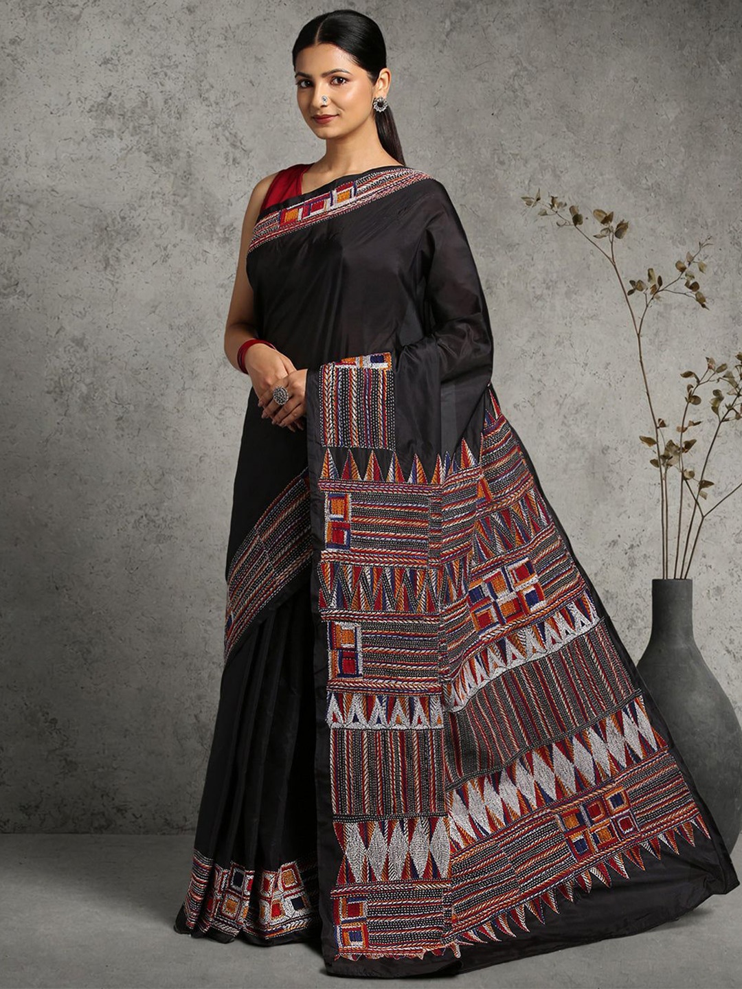 

ArtEastri Embellished Kantha Work Art Silk Saree, Black