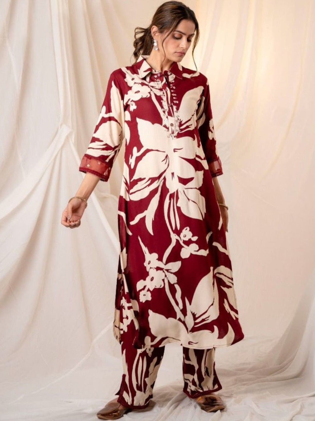 

AUTUMN LANE Floral Printed Beads and Stones Pure Cotton Pathani Kurta With Trouser, Maroon